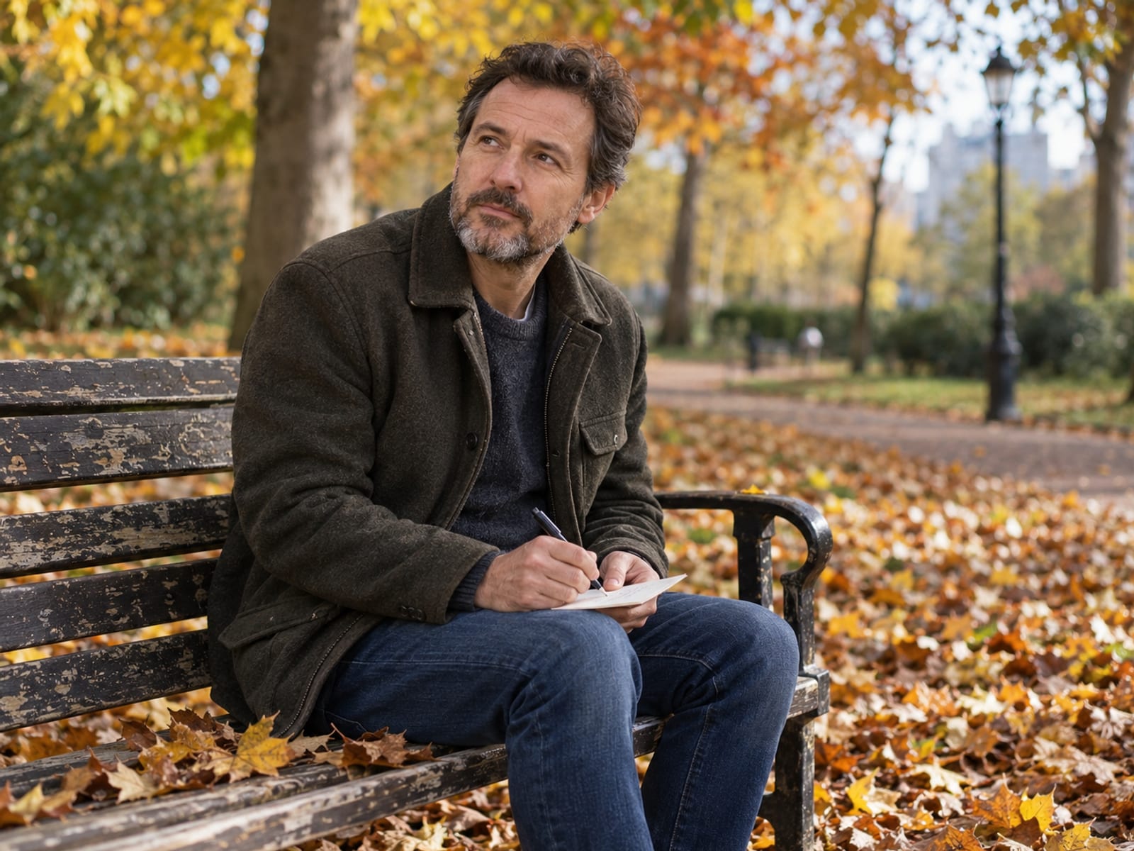 A man on a park bench pausing while writing on a small card