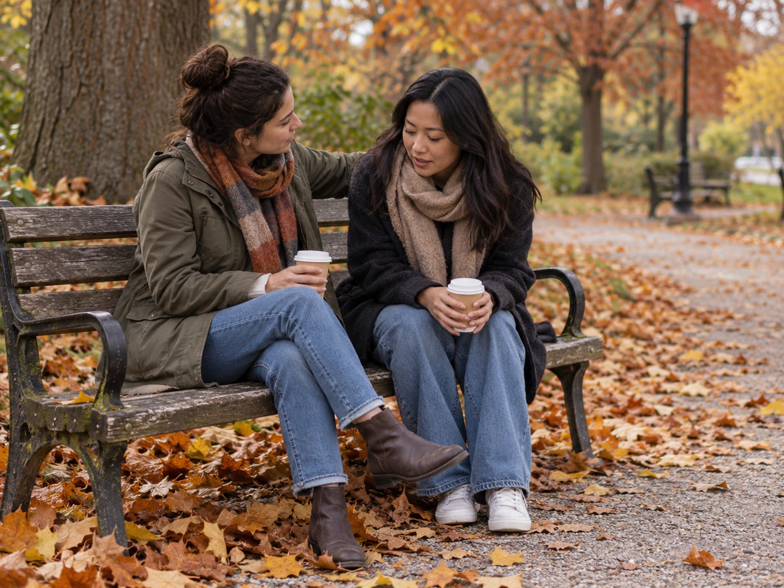 A friend comforting another on a park bench in autumn