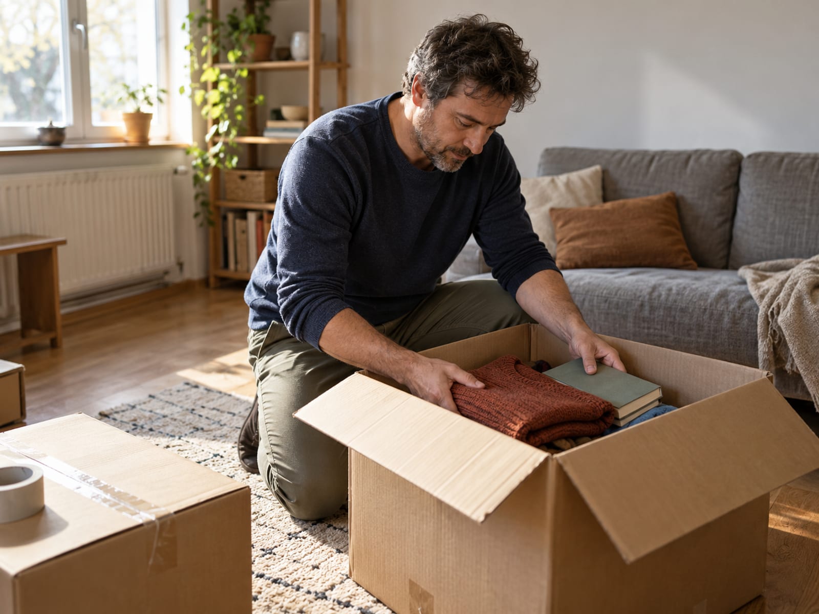 A man packing a few belongings into a box in a living room