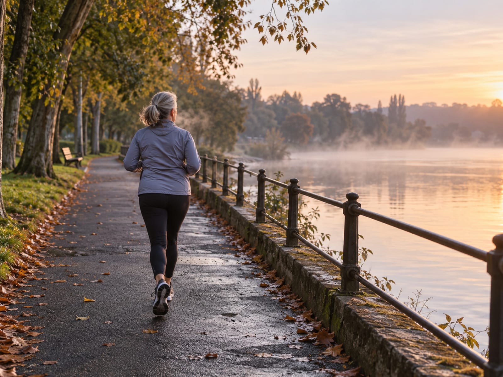 A woman jogging along a riverside path in the early morning