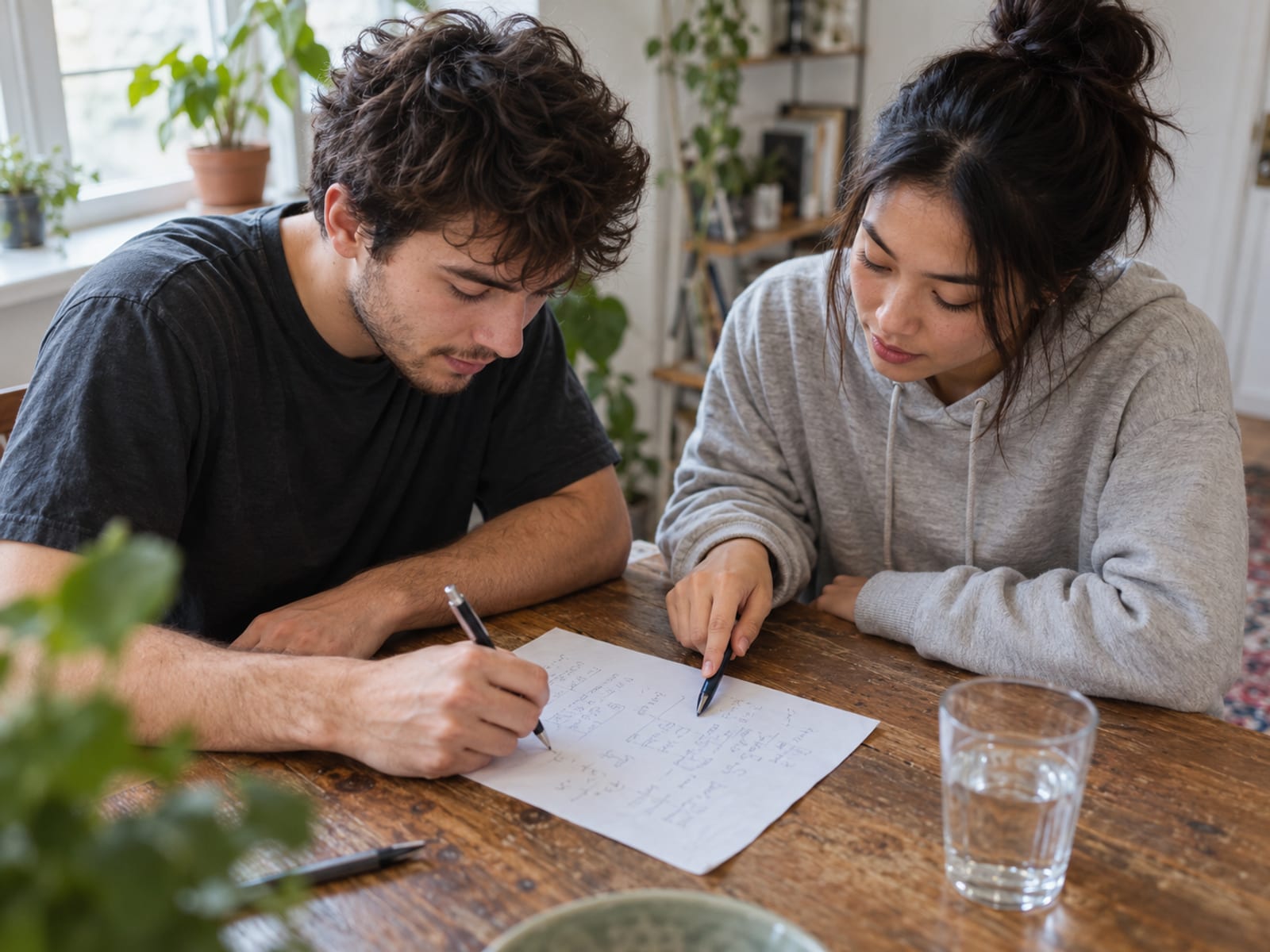 Two roommates writing a chore plan together