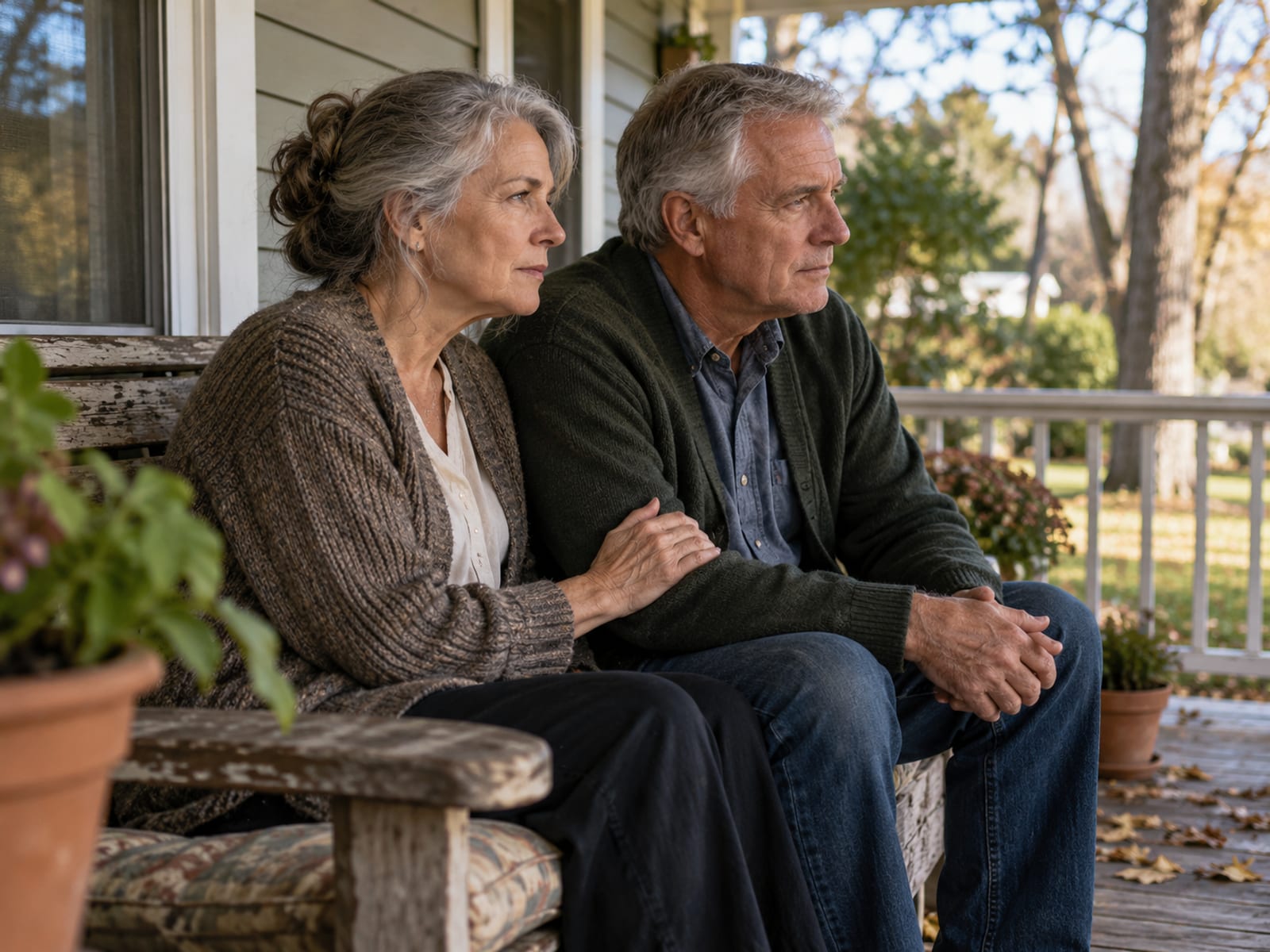 An older couple sitting close on the porch after making up