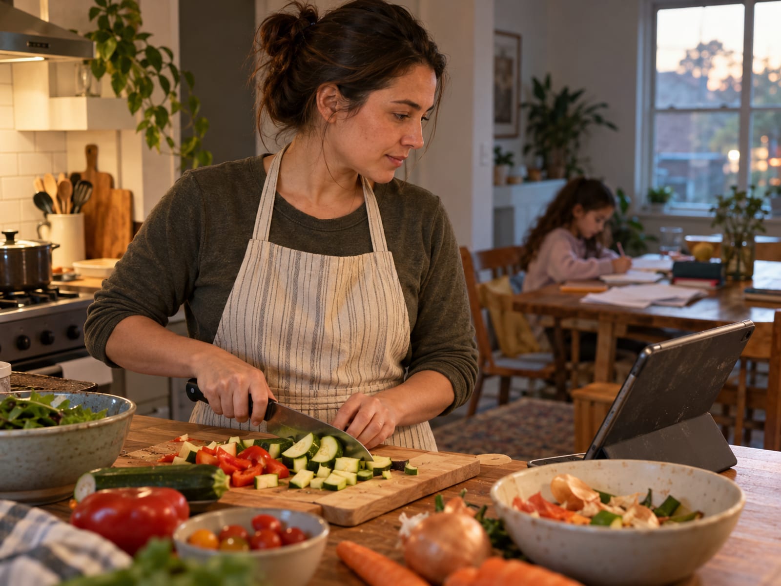 A parent following a recipe while cooking in the evening