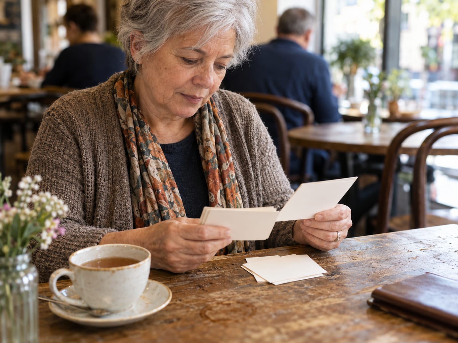 An older woman practising a language with flashcards at a café