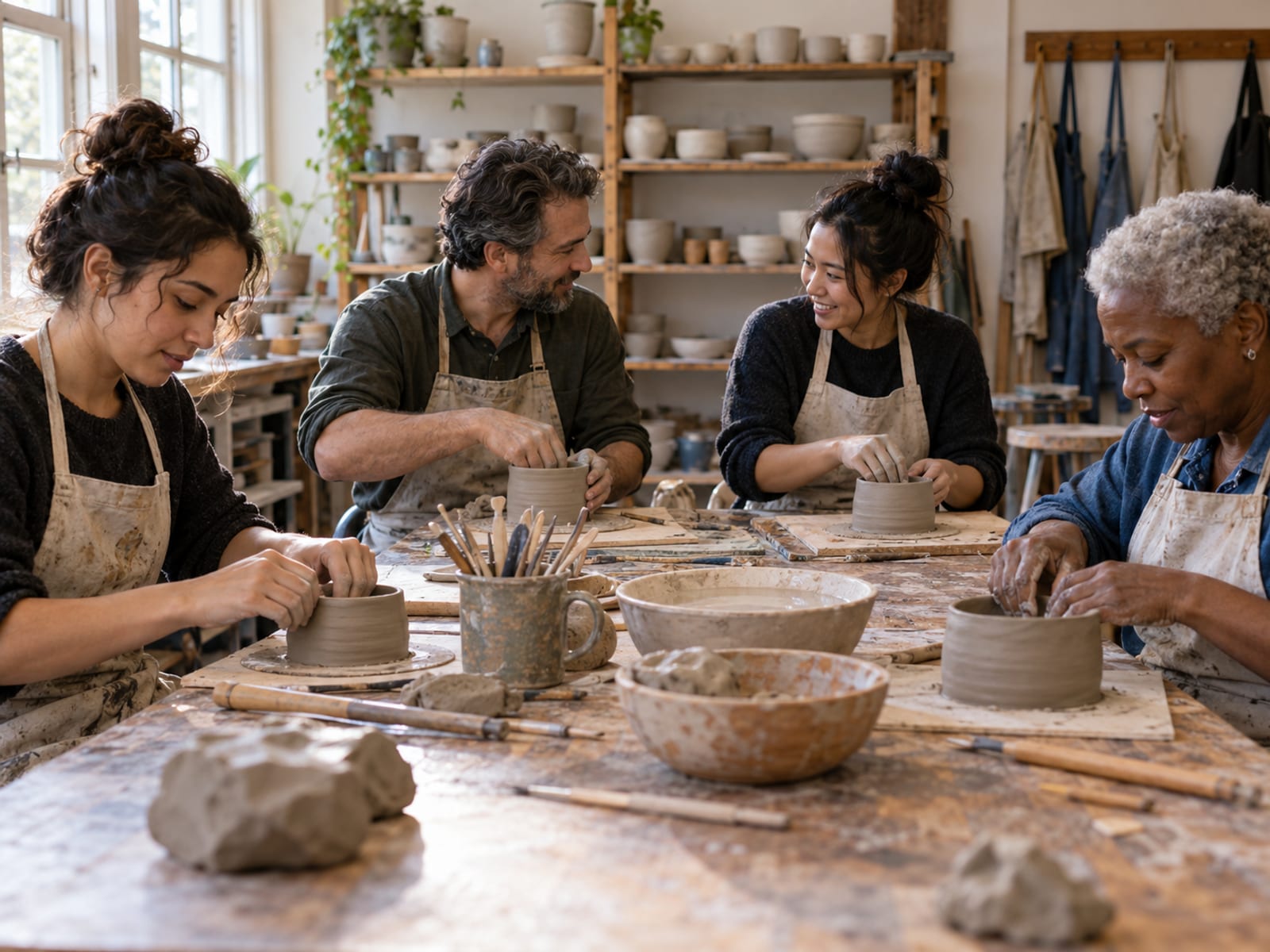 Adults of different ages at a community pottery class