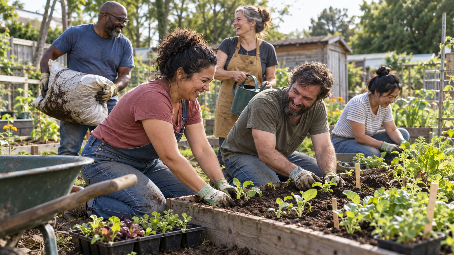 Adults laughing together while setting up a community garden