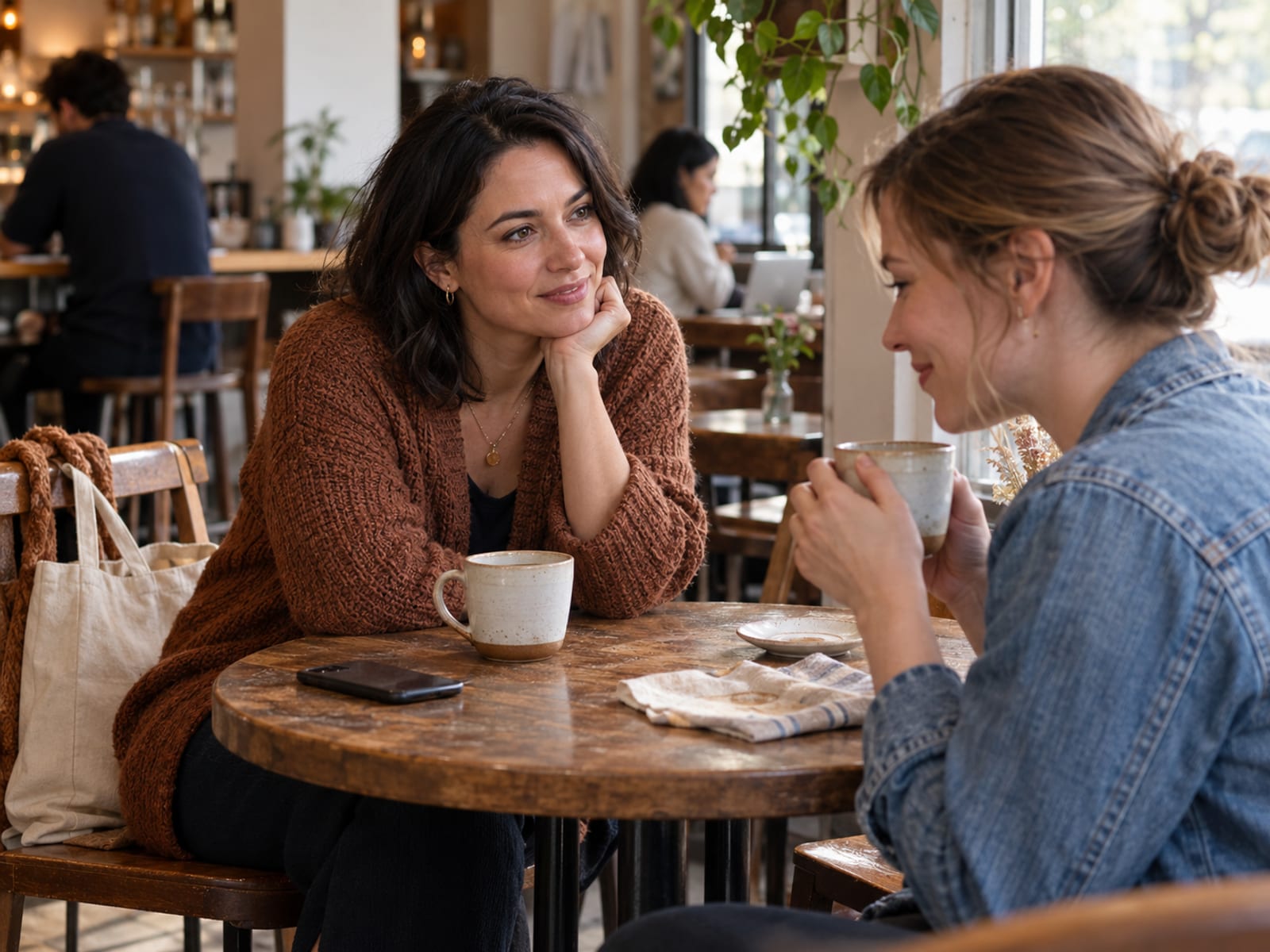 Two women chatting over coffee for the first time