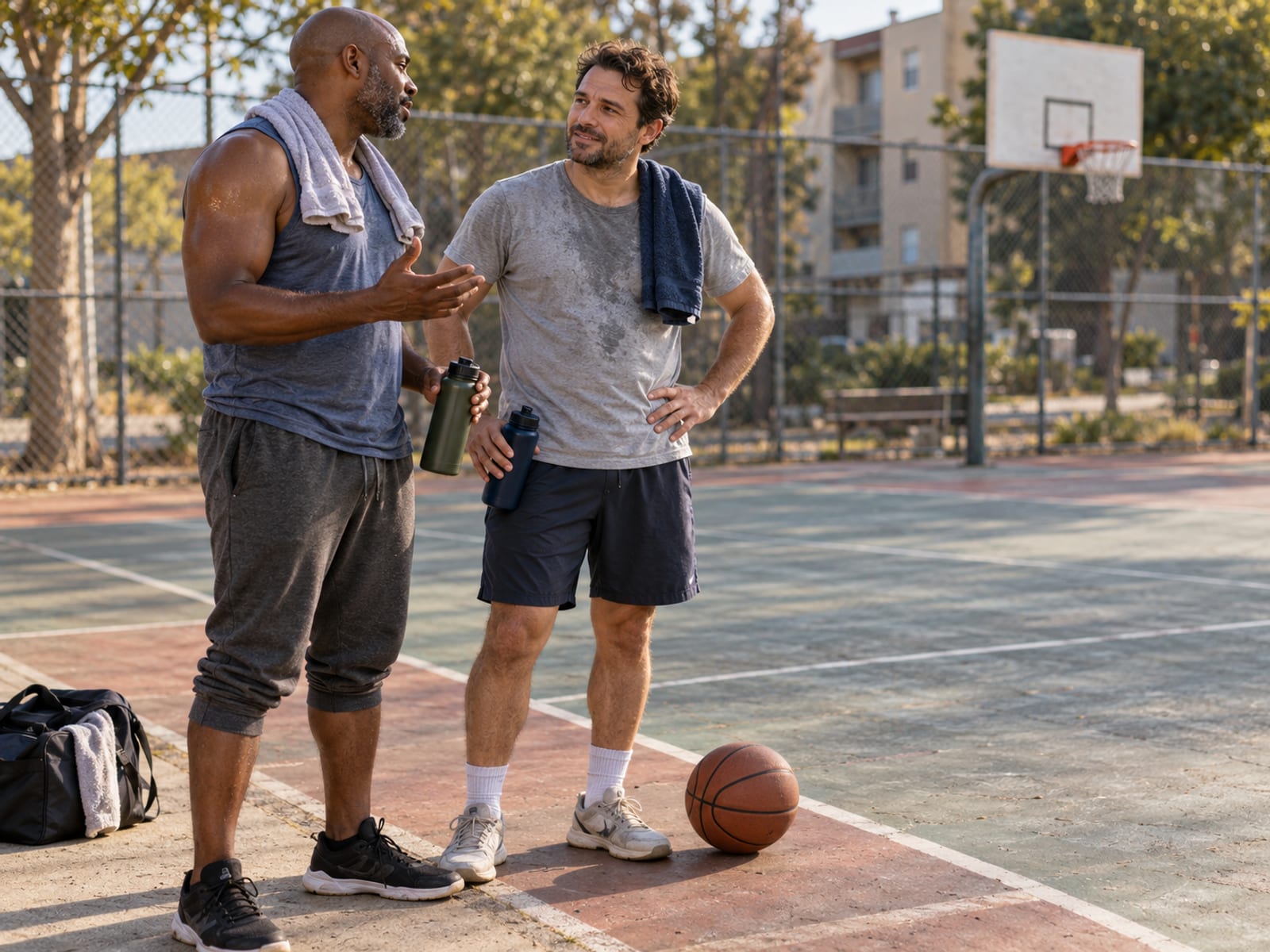 Two men talking after a pickup basketball game