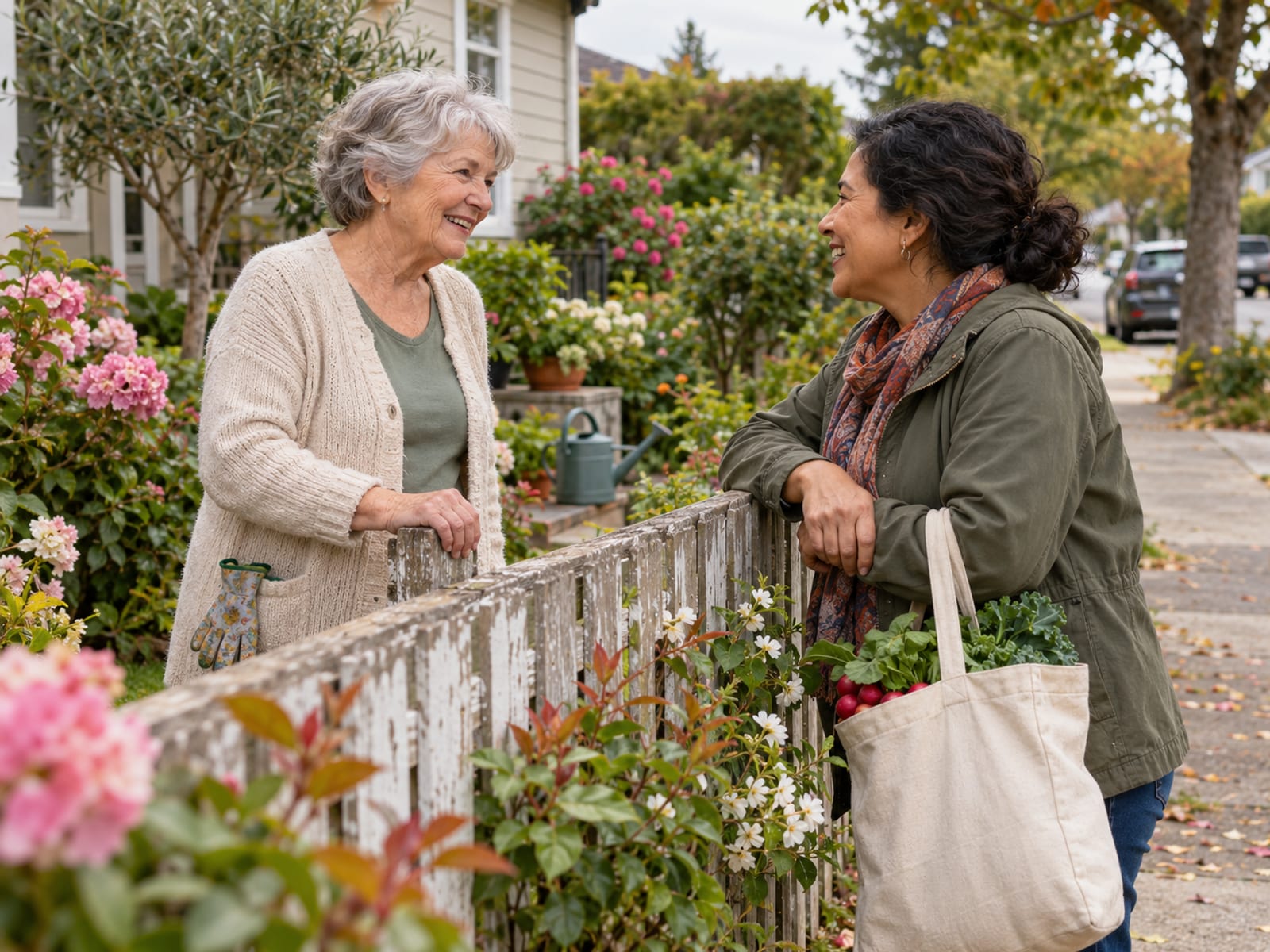 A woman chatting with her neighbor over the garden fence