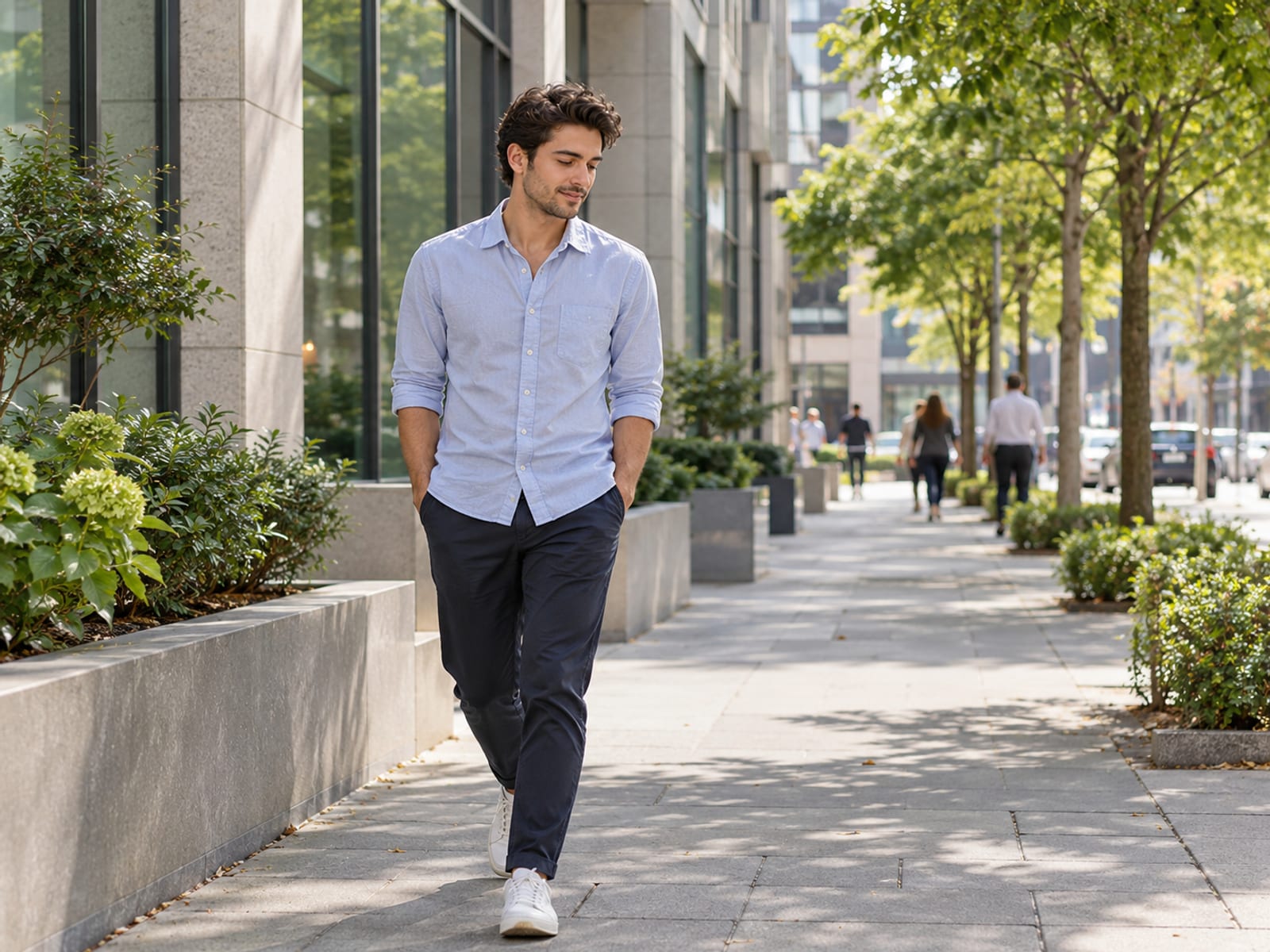 A man taking a short lunchtime walk outside his office