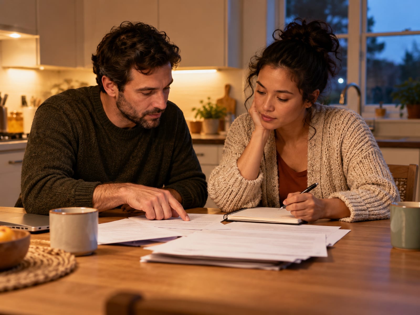A couple calmly going over household bills at the kitchen table