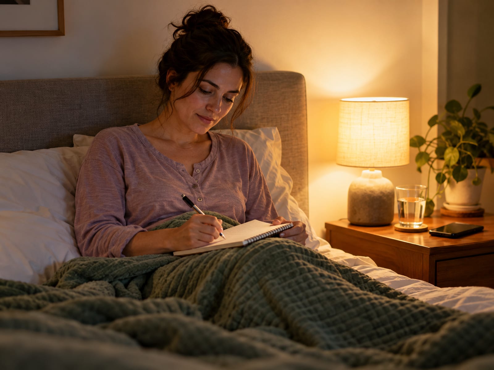 A woman writing a short list on a notepad in bed before sleep