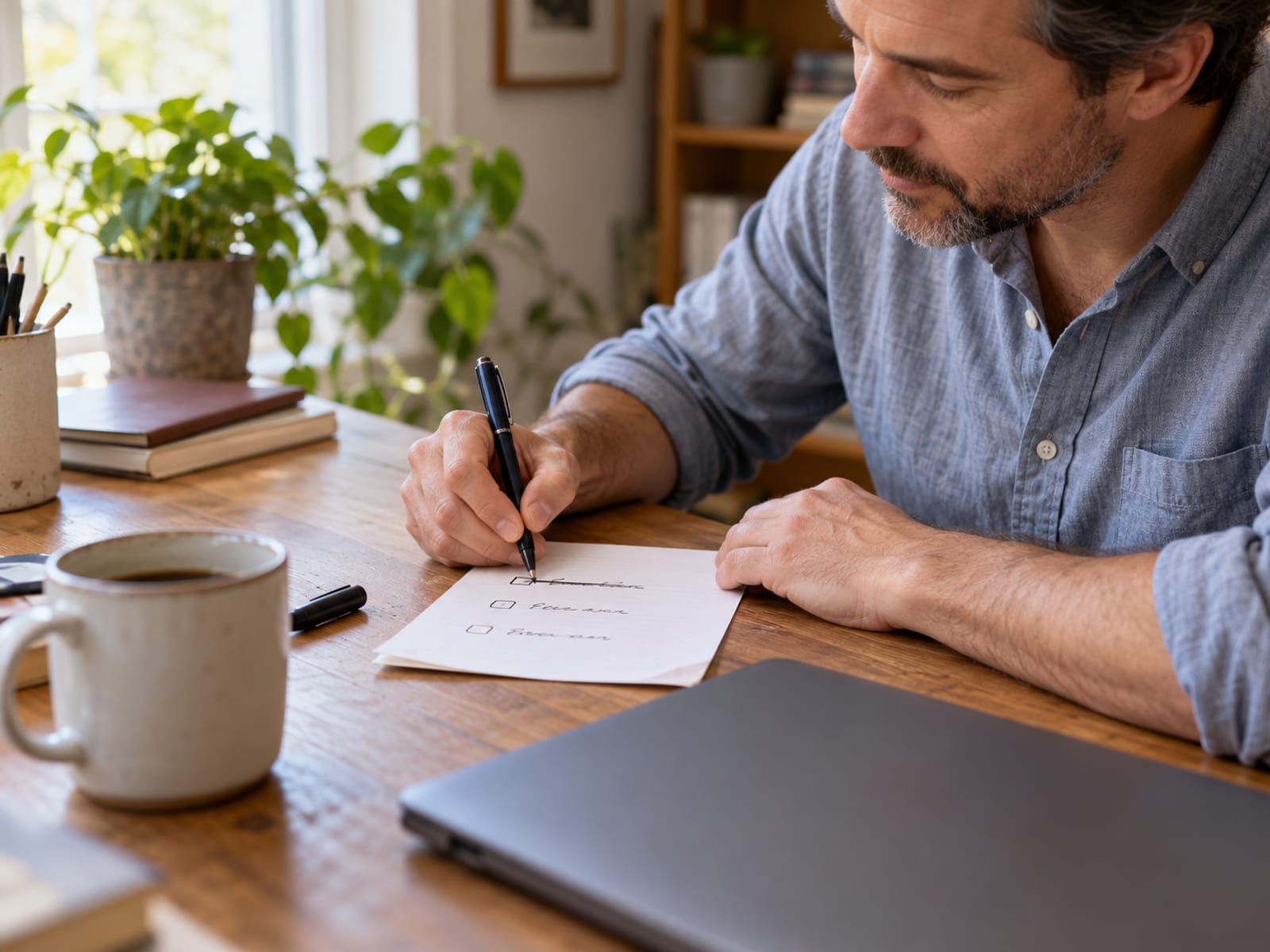 A man crossing off the top item on a short paper list