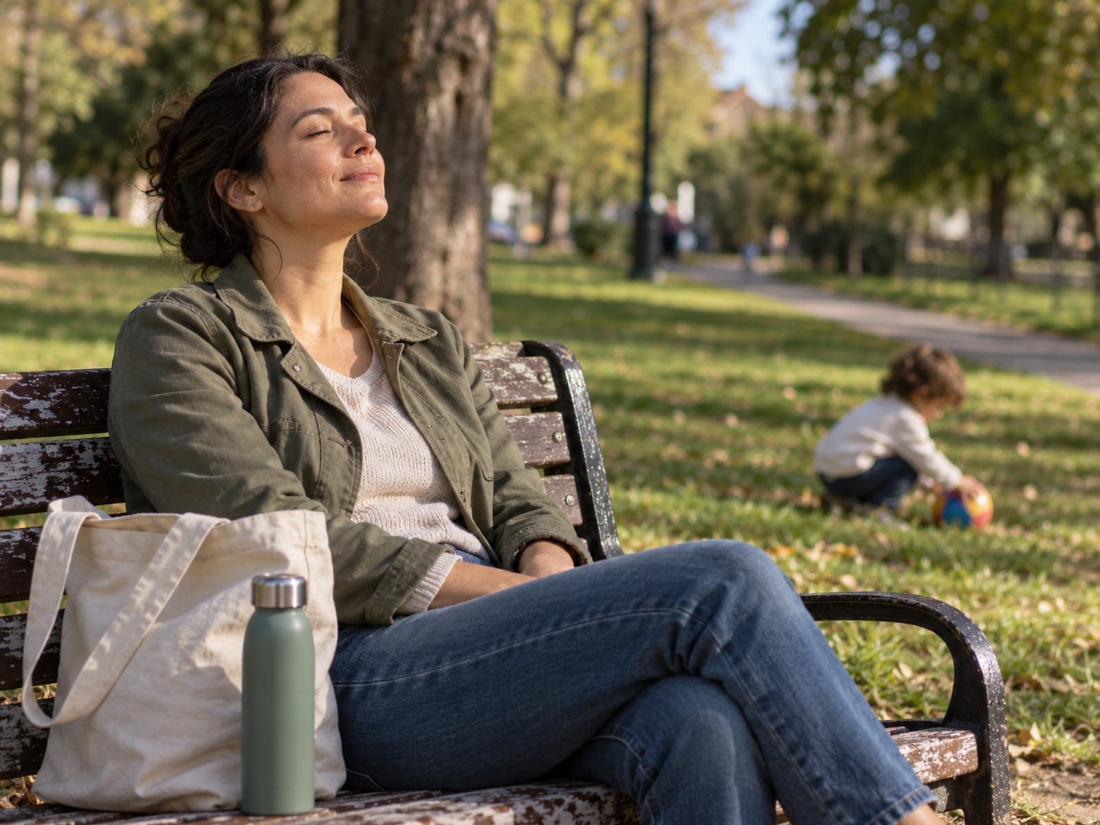 A mother resting on a park bench in the sun while her child plays nearby