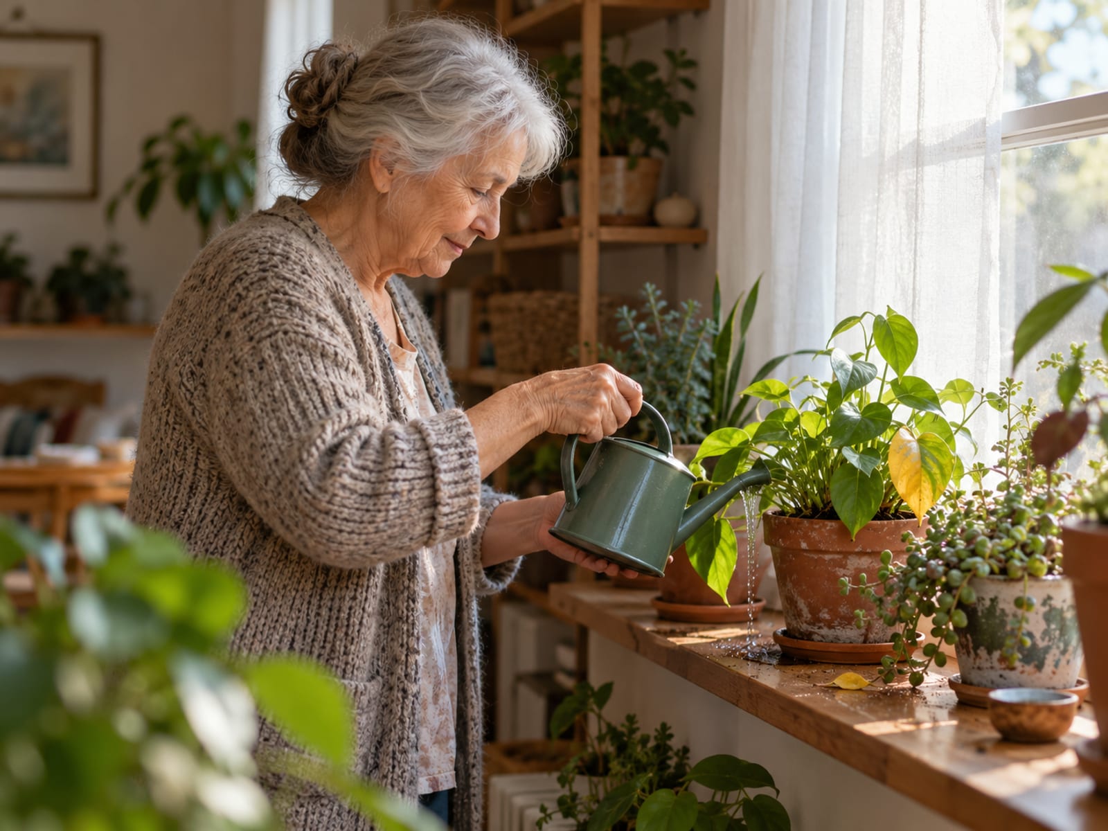 An older woman watering her houseplants slowly on a quiet morning