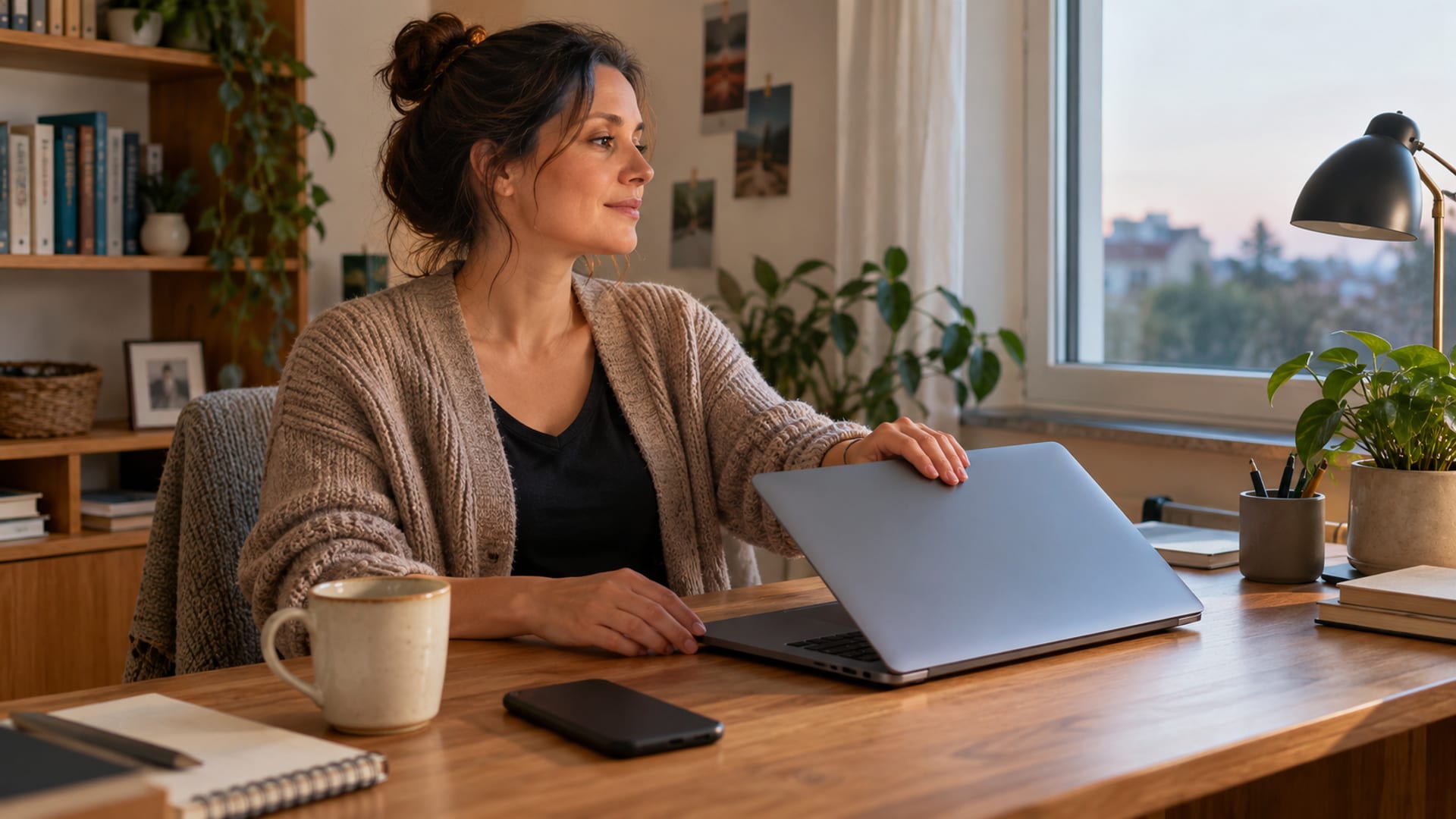 A woman closing her laptop at the end of the workday