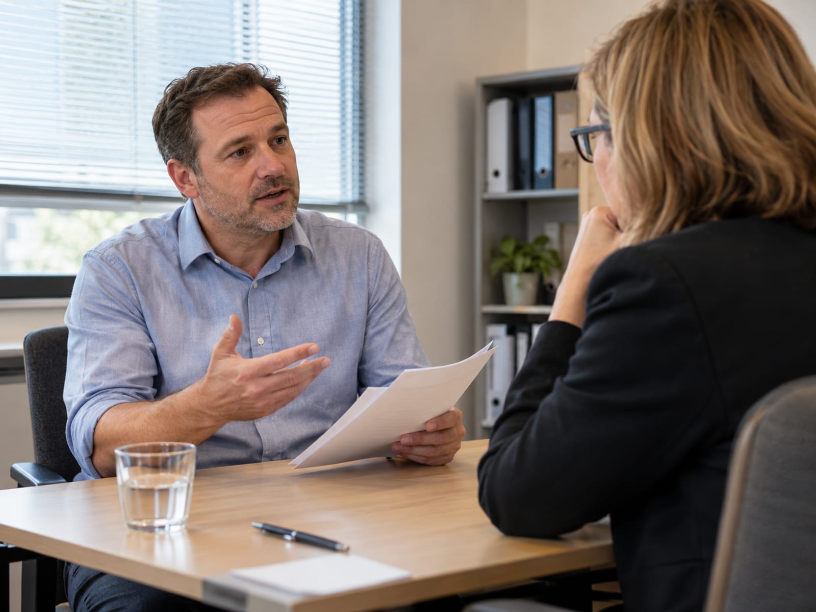A man talking calmly with his manager about his workload