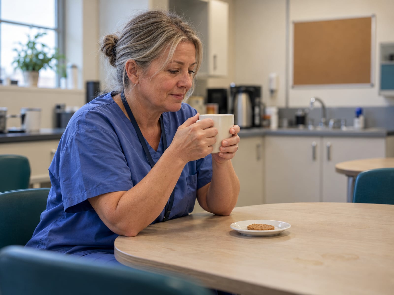 A nurse taking a short tea break in a quiet break room