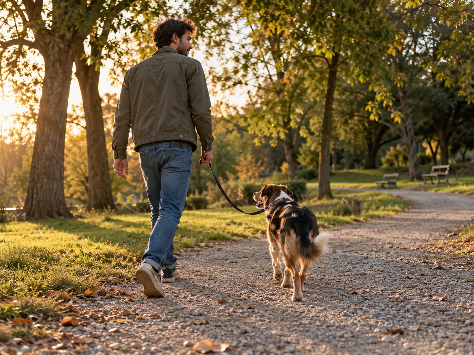 A young man walking his dog in the park after work