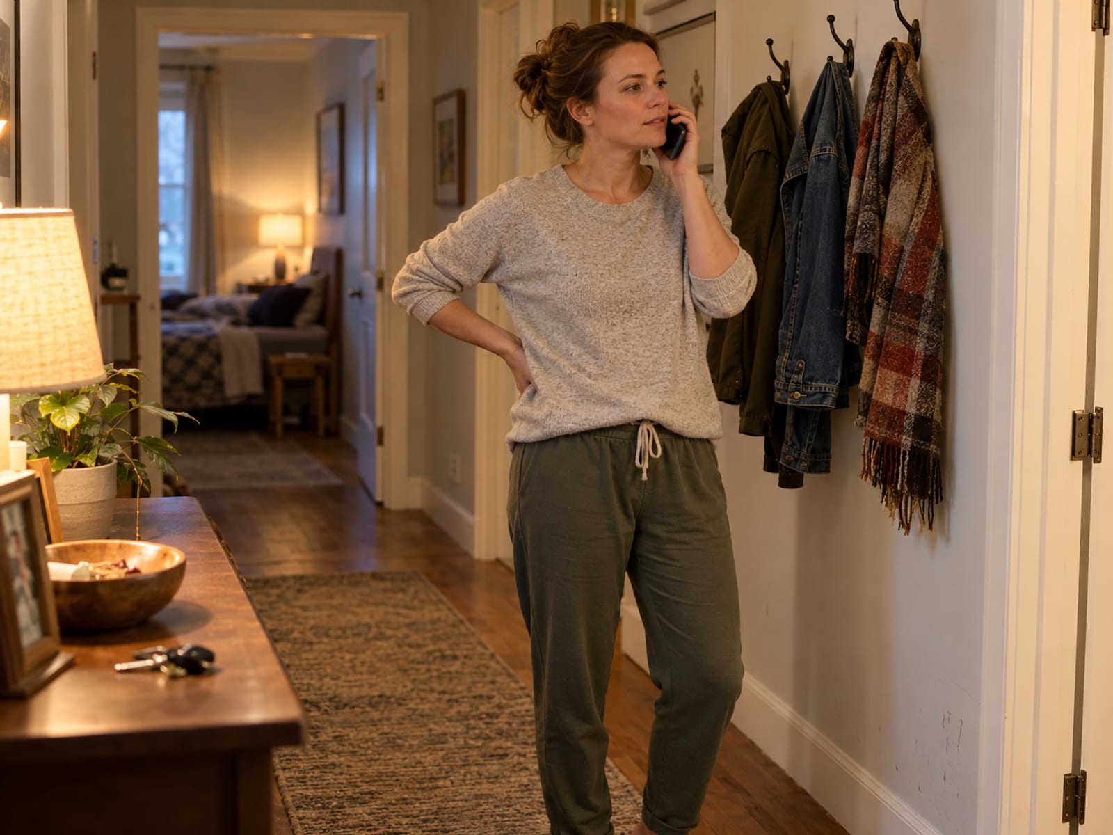 A woman taking a phone call calmly in her hallway