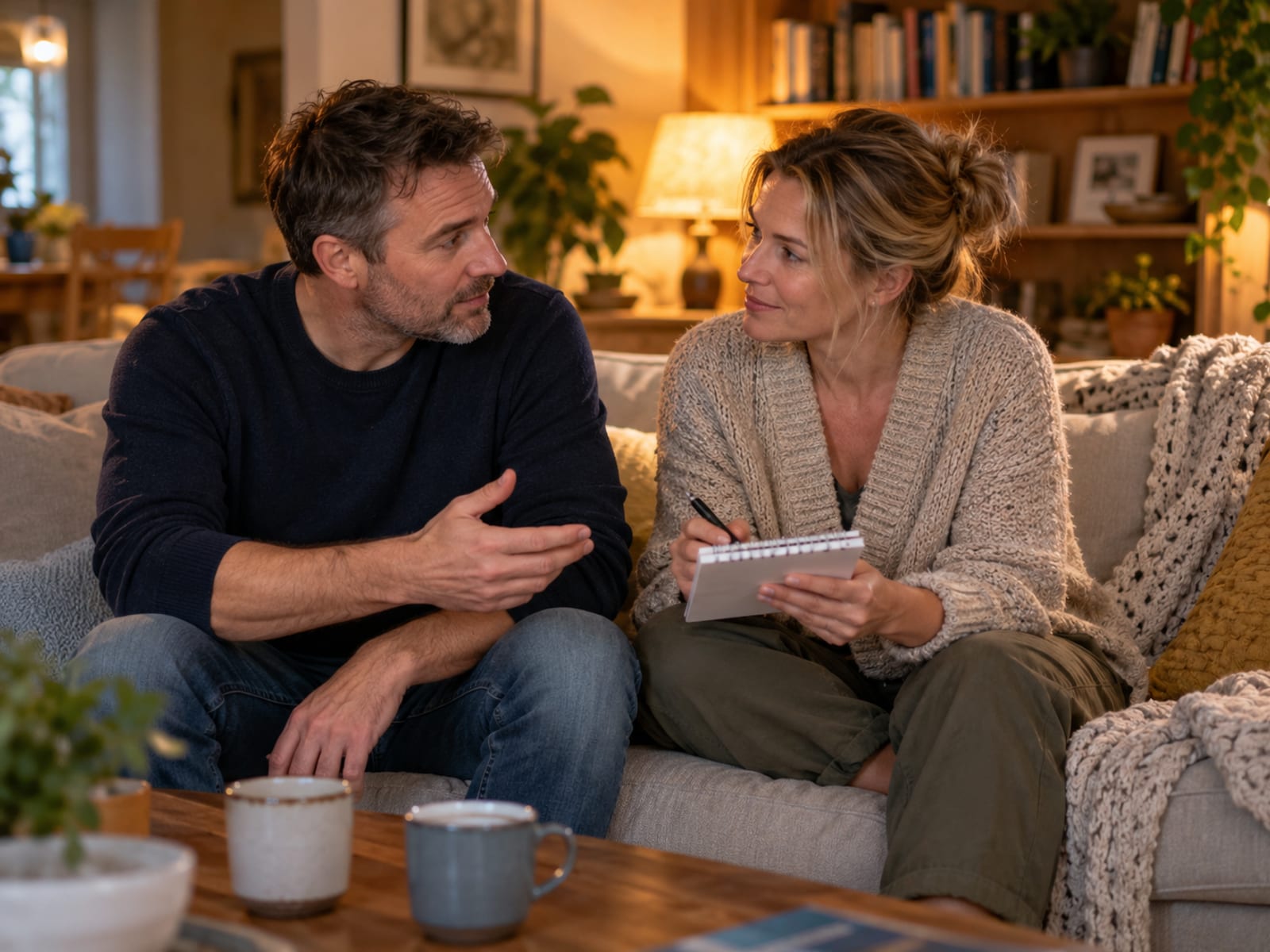 A couple planning together on the sofa before a family holiday