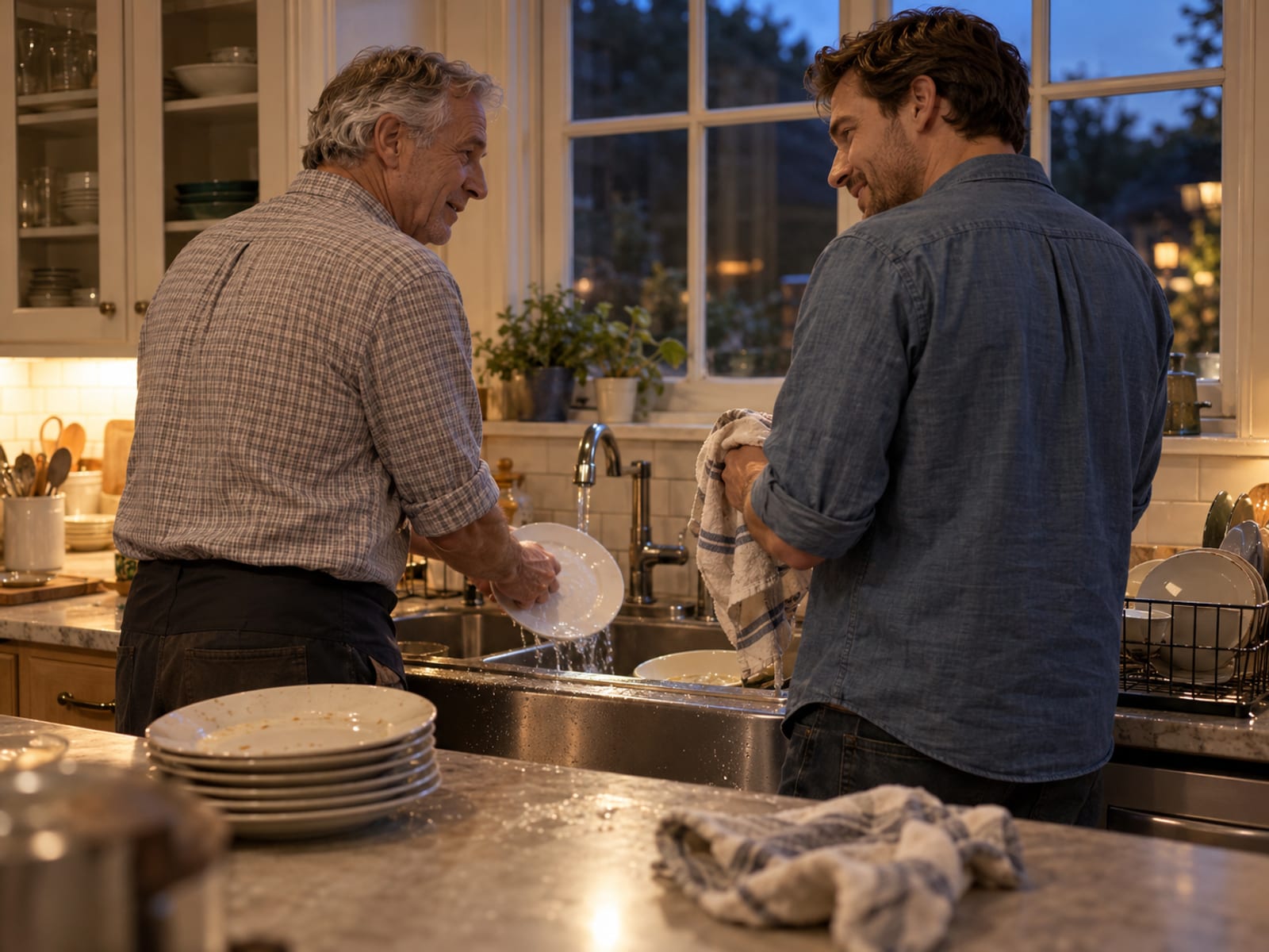 A father and his adult son washing dishes together after a family dinner