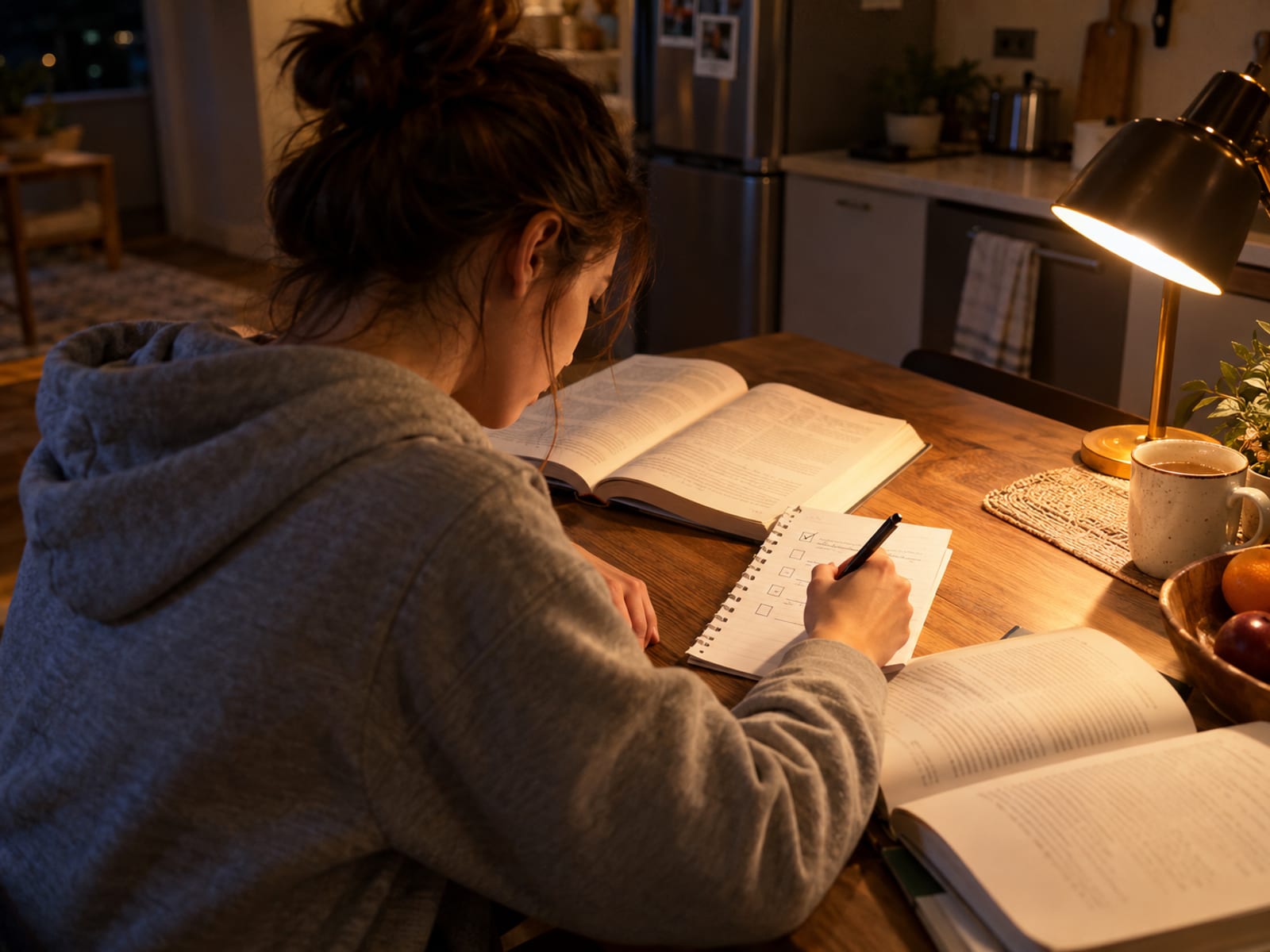 A student crossing off a small task on a paper checklist at night