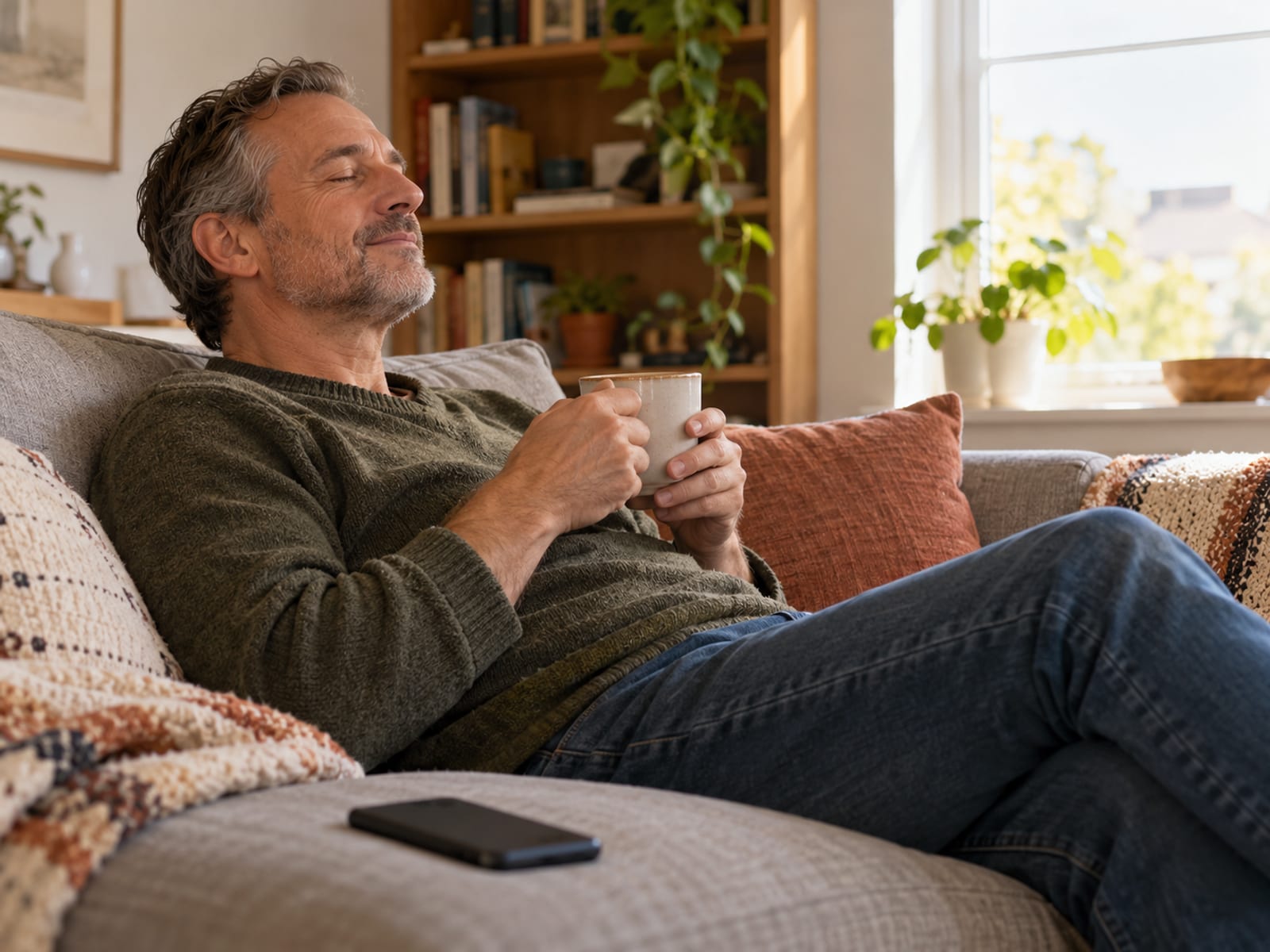 A man resting on the sofa with a cup of tea, eyes closed for a moment