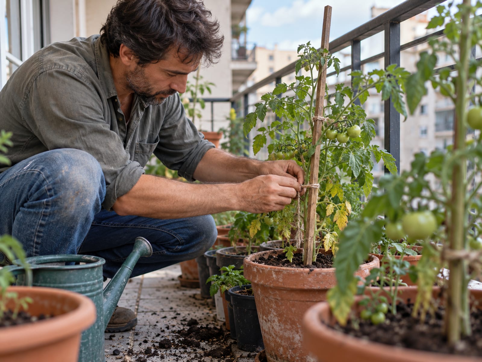 A man tending his own tomato plants on a small balcony