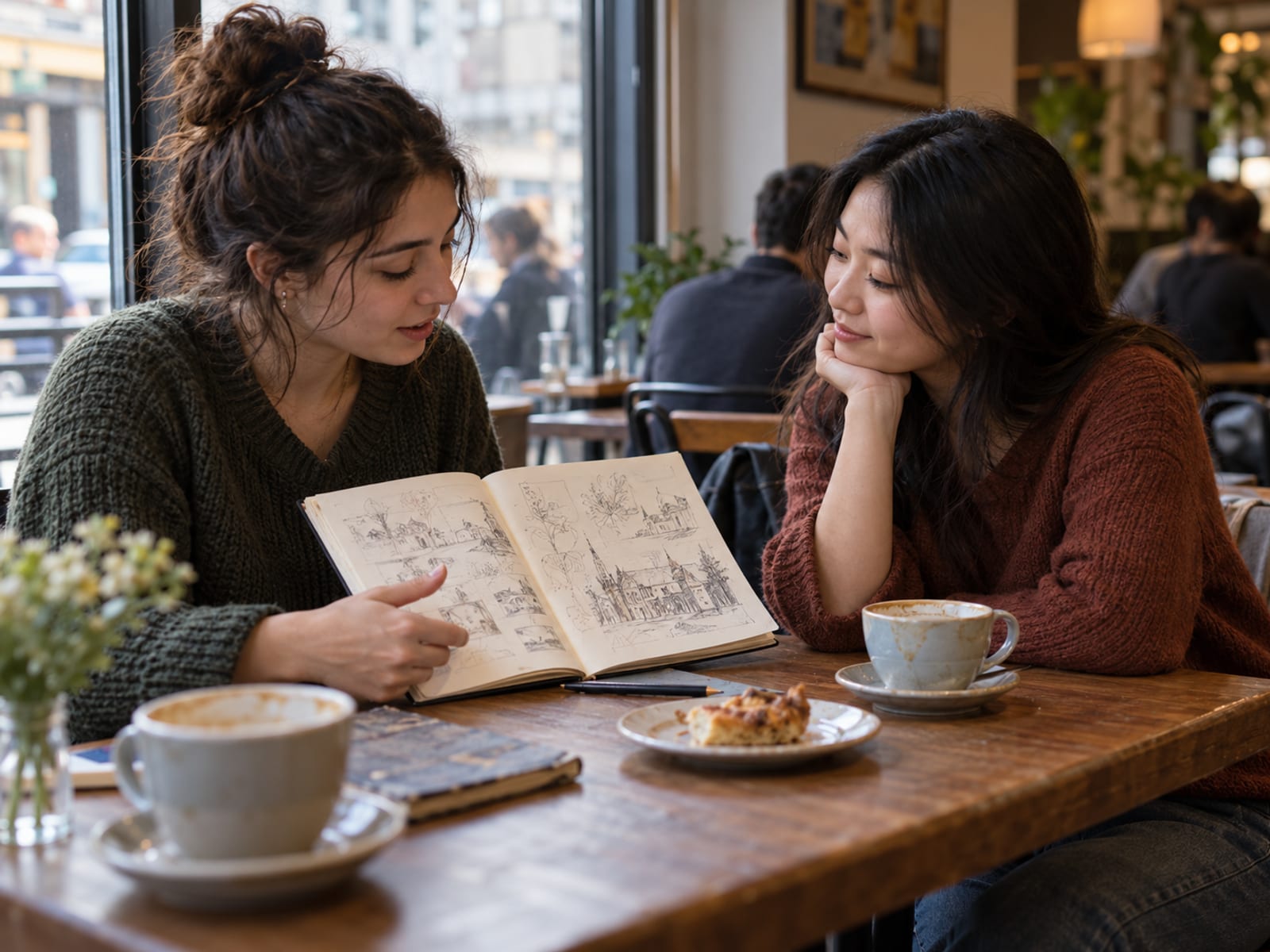 Two friends chatting at a café while one shares a sketchbook