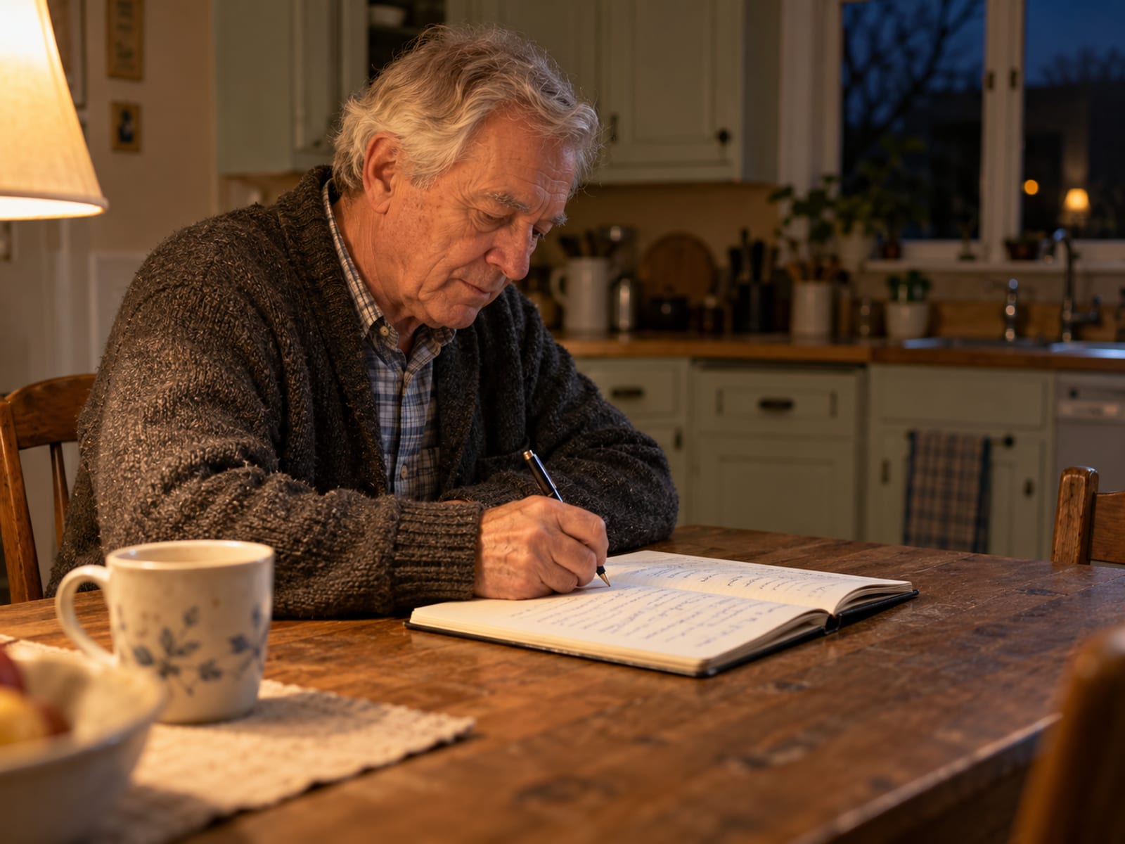An older man writing a few lines in a notebook at the kitchen table