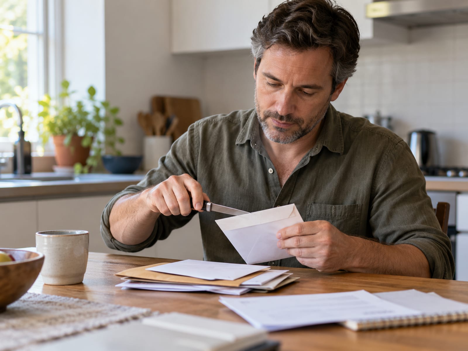 A man finally opening a small stack of envelopes at the kitchen table
