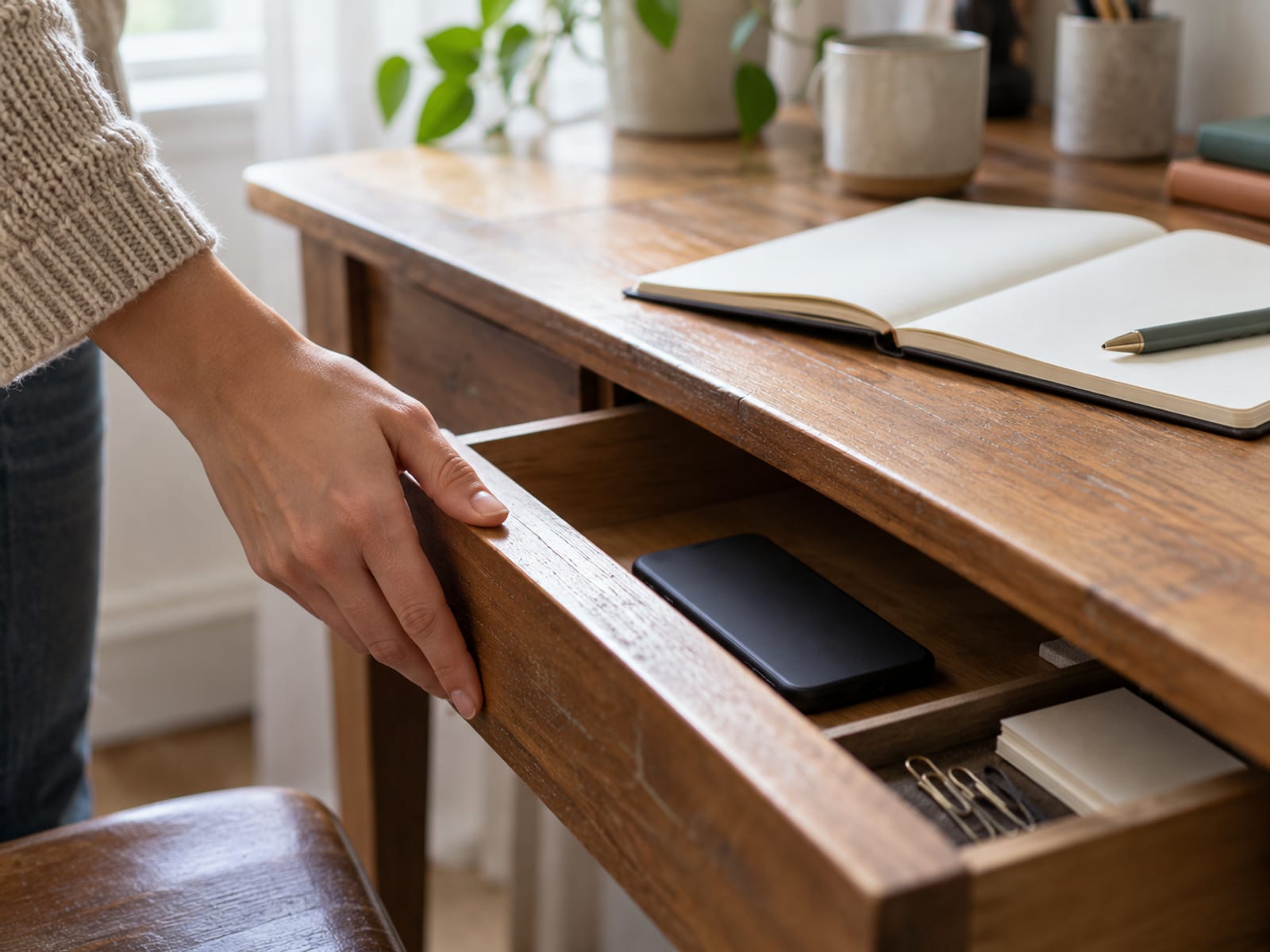 A hand closing a drawer with a phone placed face down inside