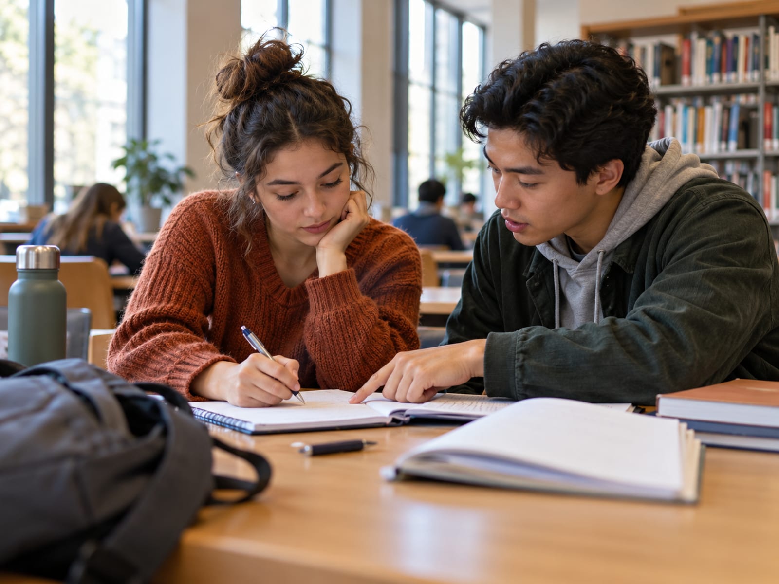 Two college students studying together at a library table