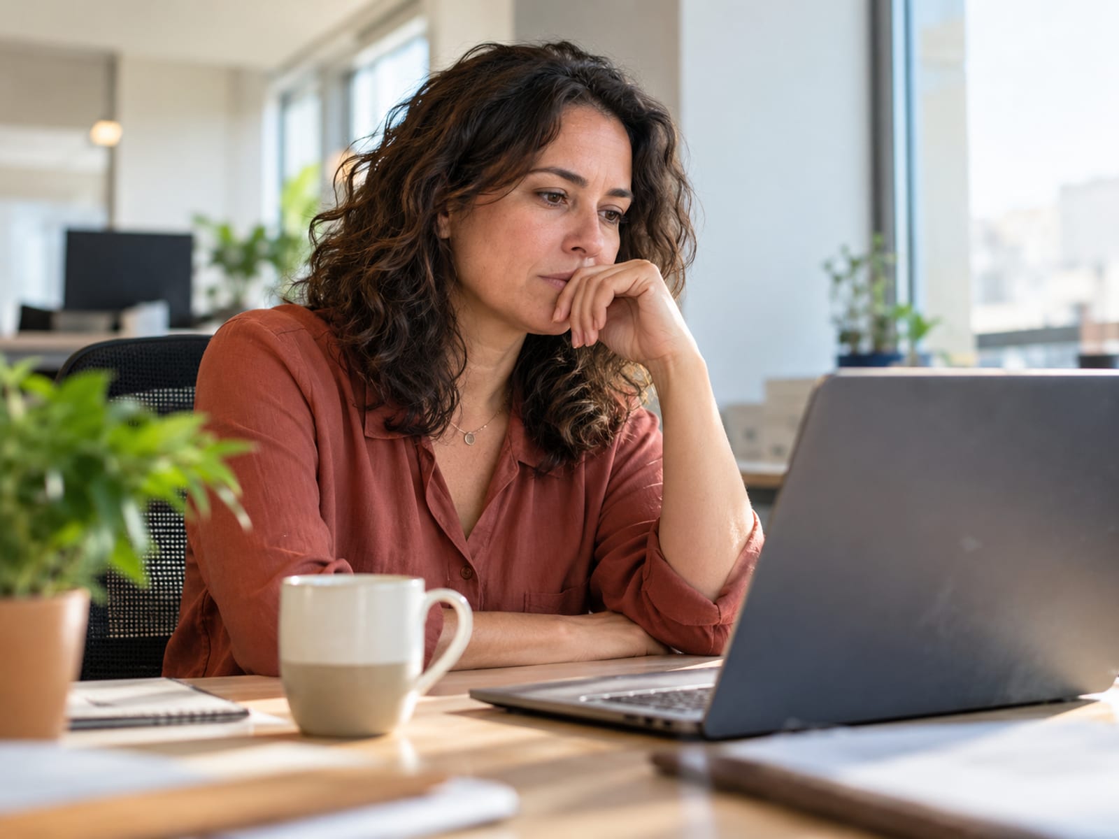 A woman pausing at her desk after reading an email