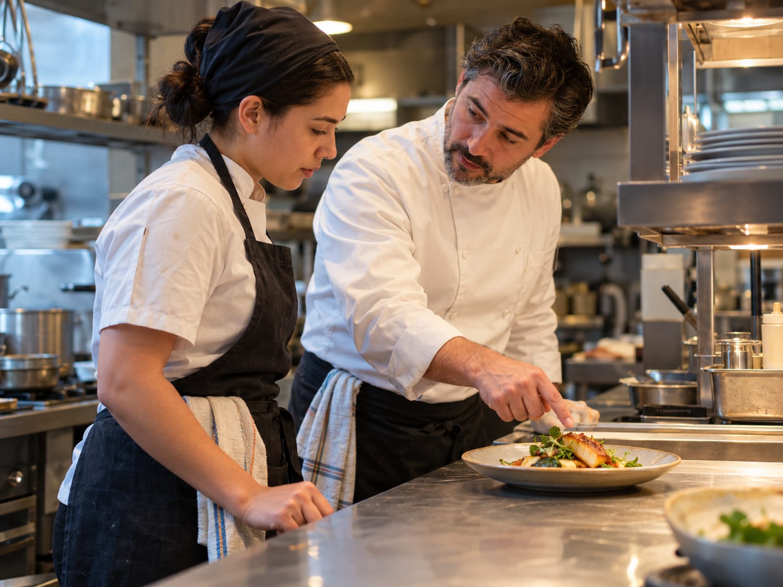 A head chef giving a young cook a quick note in the kitchen