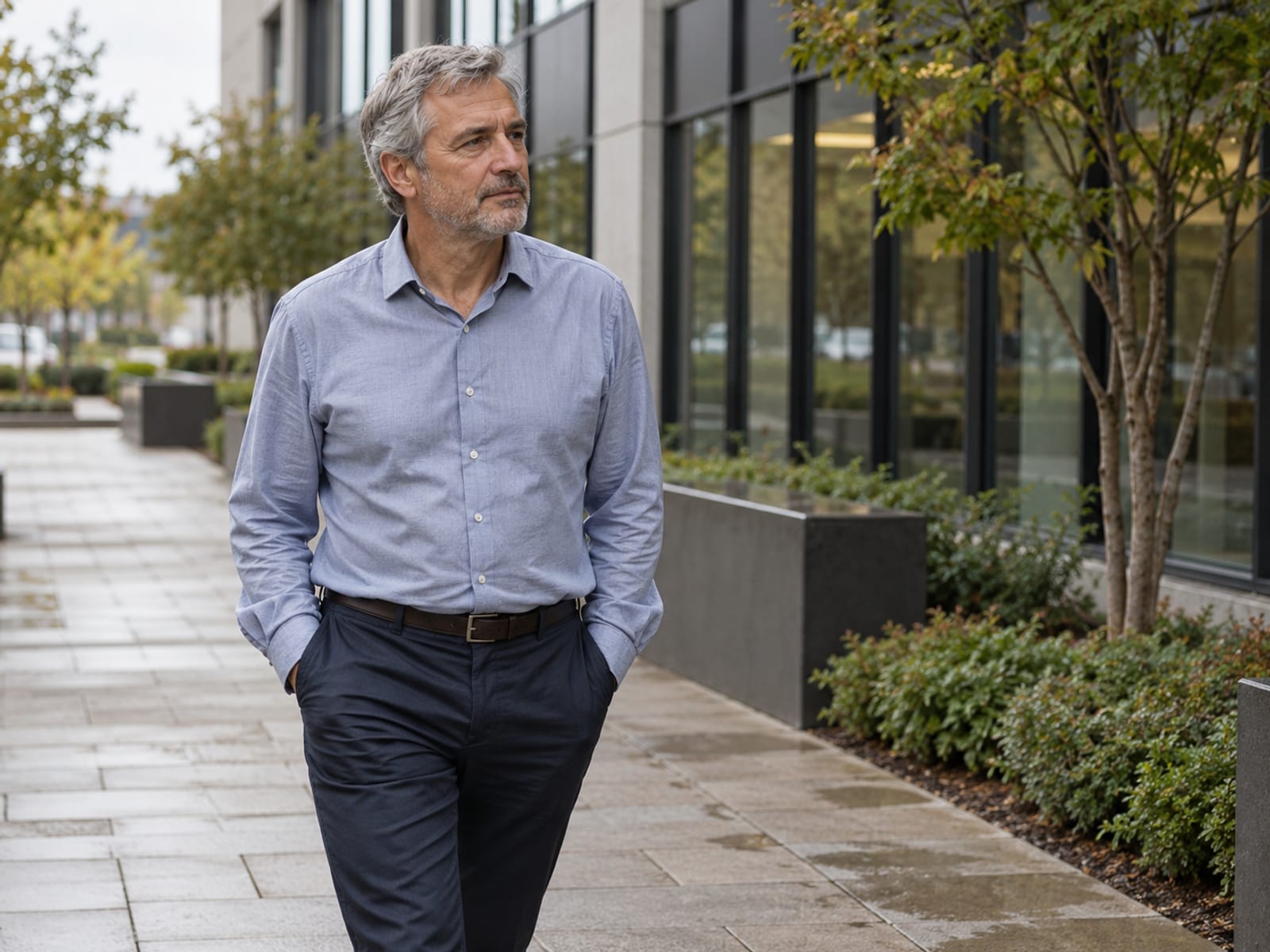 A man taking a short walk outside to clear his head