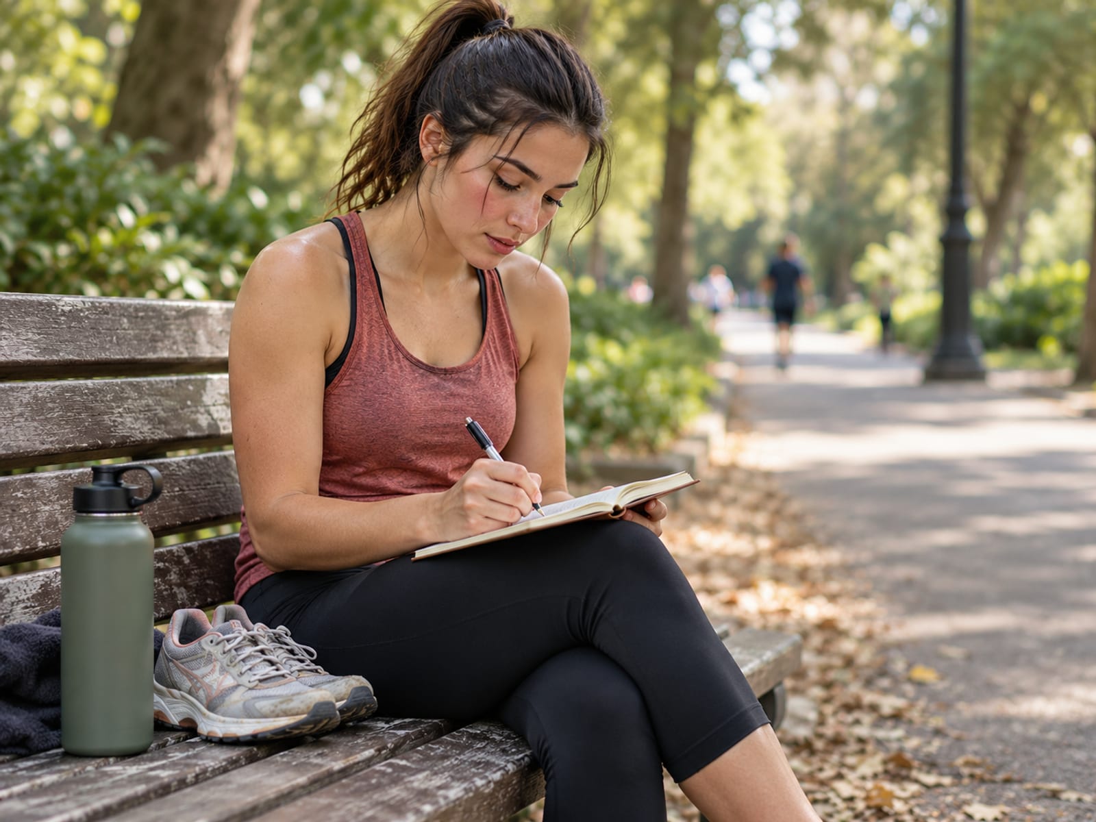 Una joven anotando su carrera en un cuaderno en una banca del parque