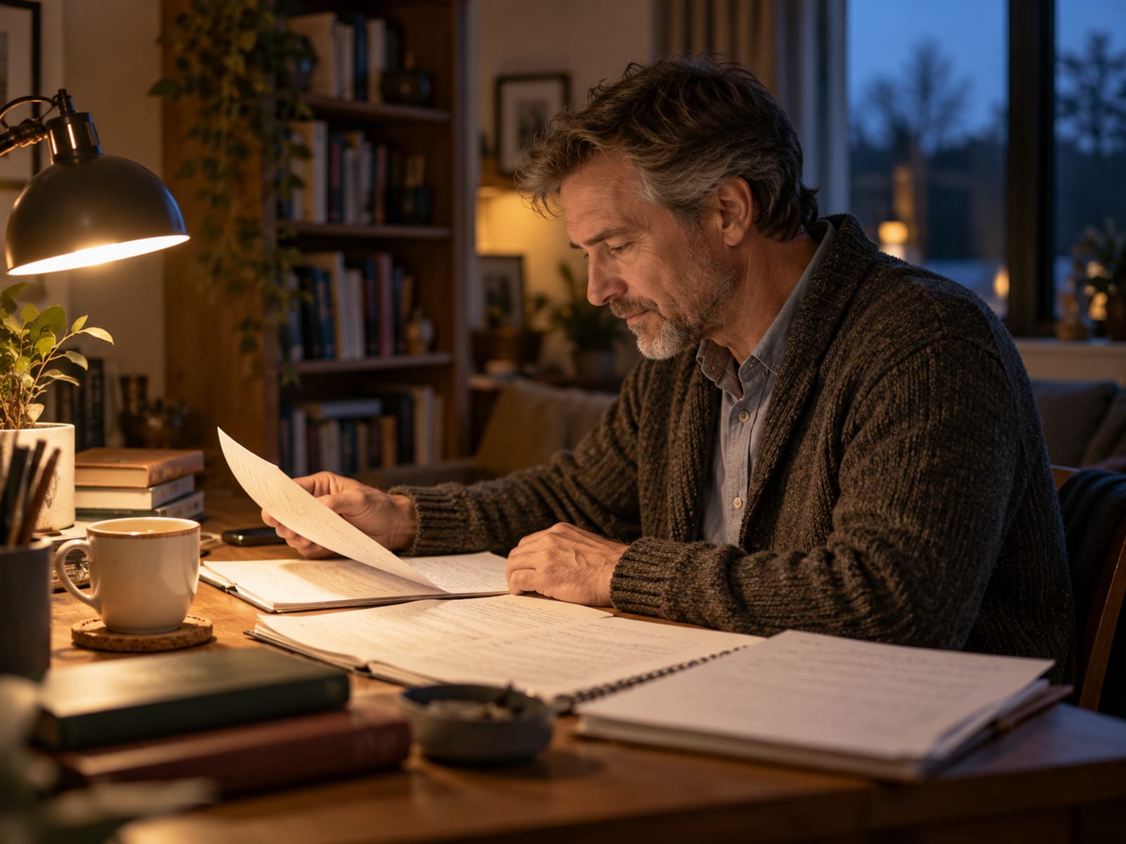 Un hombre revisando sus notas de la semana un domingo por la noche