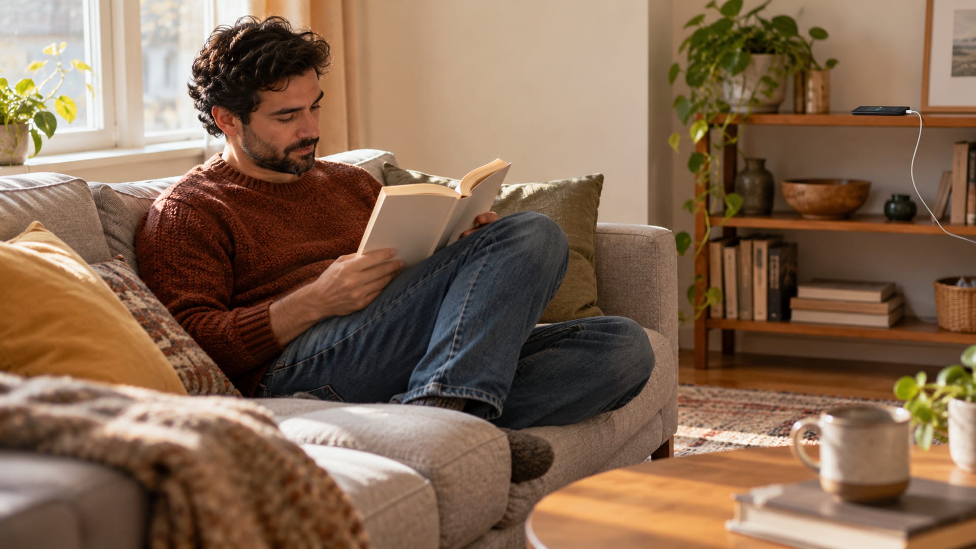 Un hombre leyendo en el sofá con su teléfono cargando lejos de él