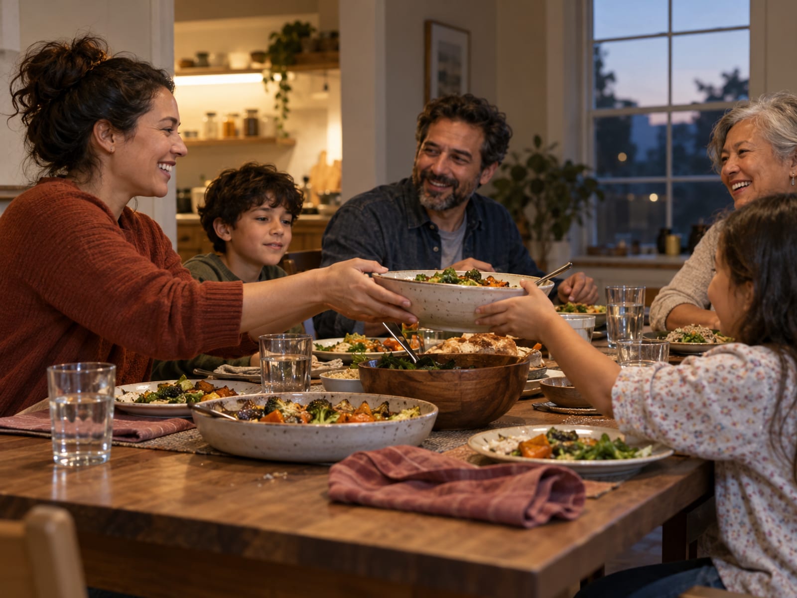 Una familia conversando en la cena sin teléfonos en la mesa