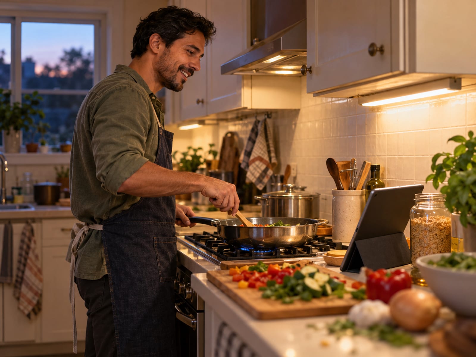 A man cooking dinner while on a video call with his partner