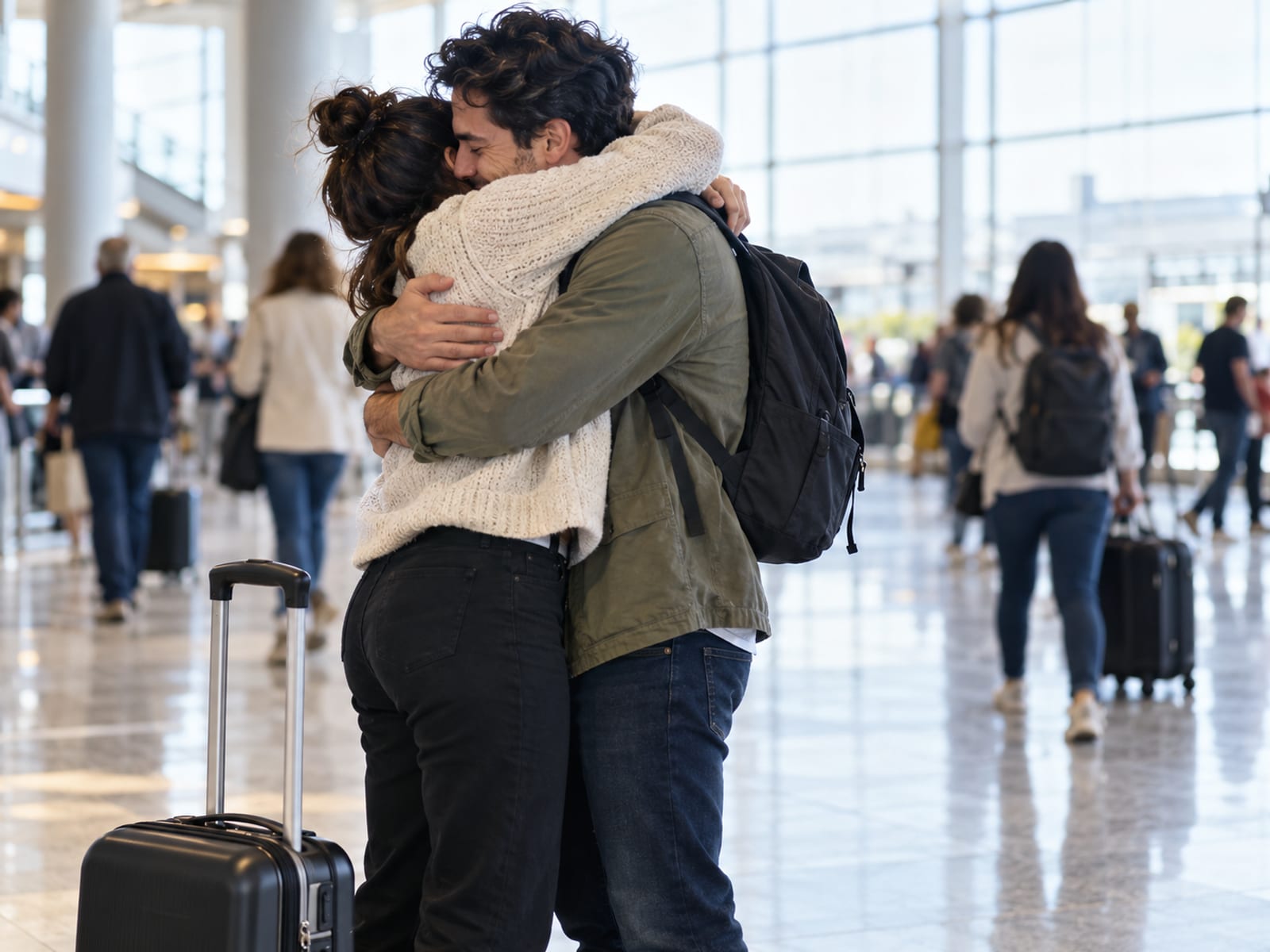 A couple hugging at the airport after time apart