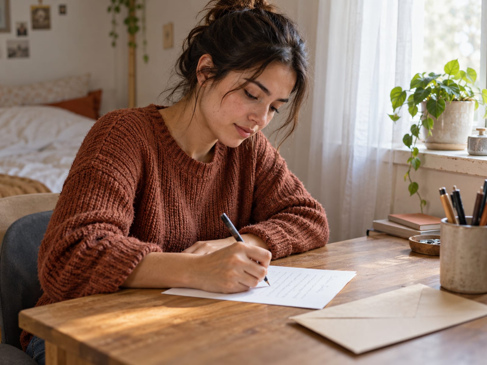 A woman writing a handwritten letter to her partner