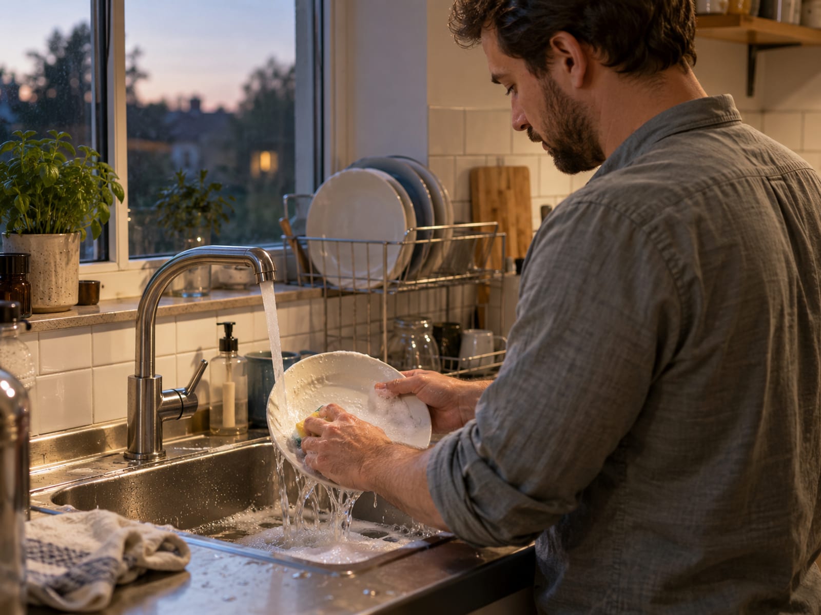 A man washing dishes slowly and paying attention to the moment