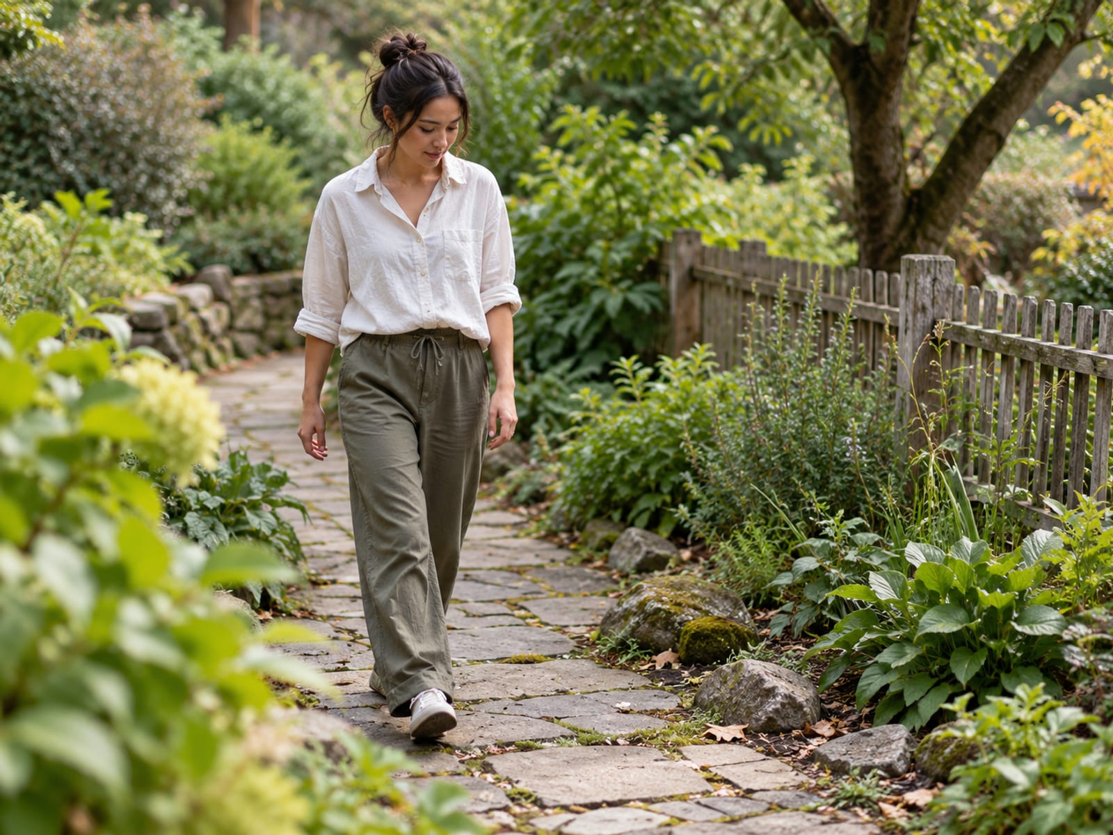 A young woman walking slowly and attentively on a garden path