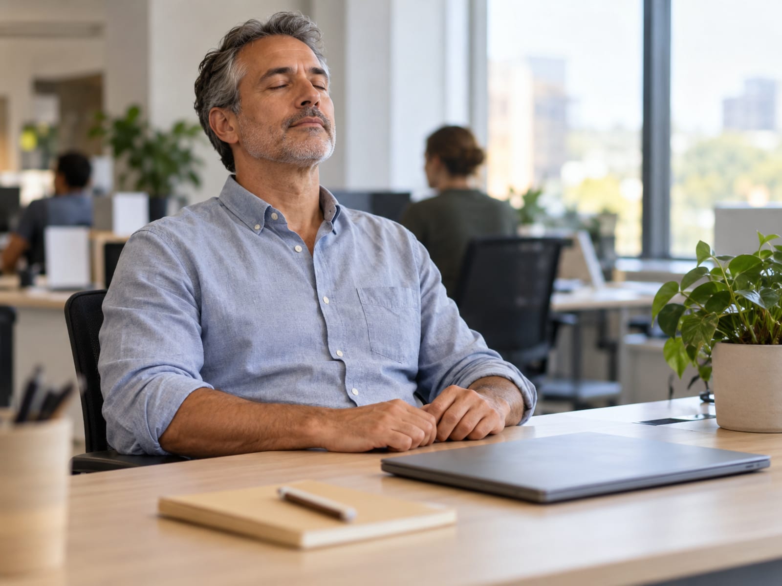 An office worker taking a quiet minute at his desk before a meeting
