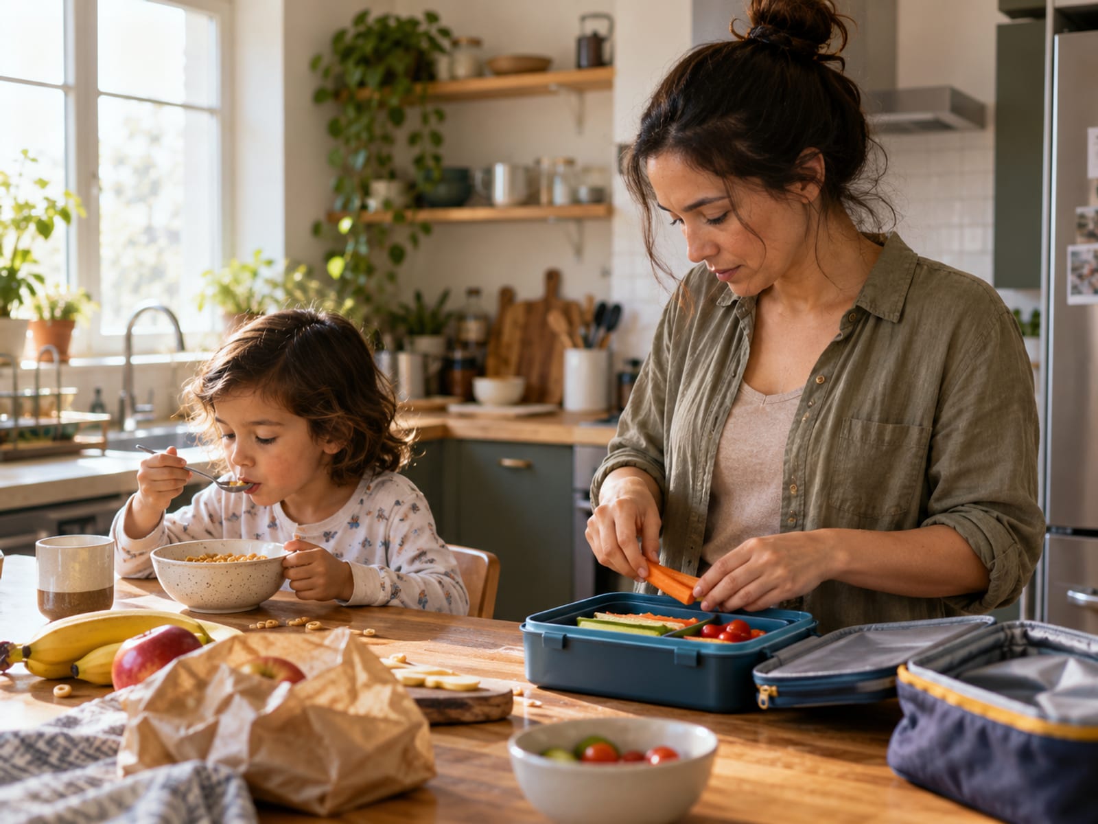 A mother packing a lunchbox while her child eats breakfast