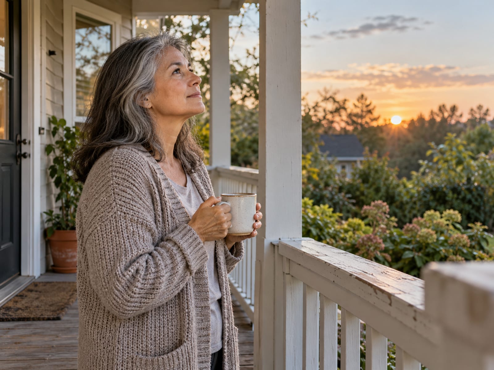 A woman stepping onto her porch with coffee at sunrise