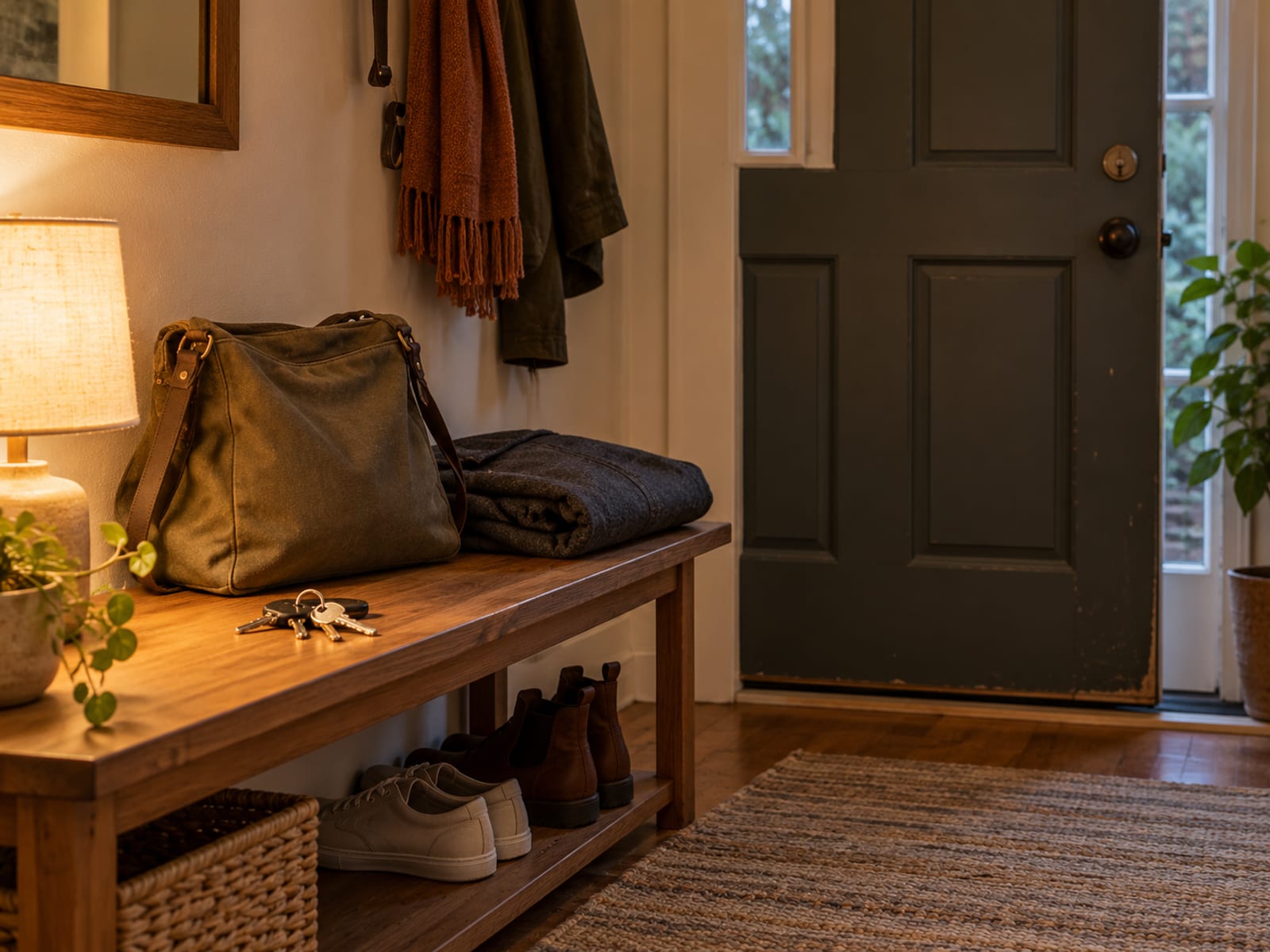 A bag, keys and jacket set out by the front door the night before